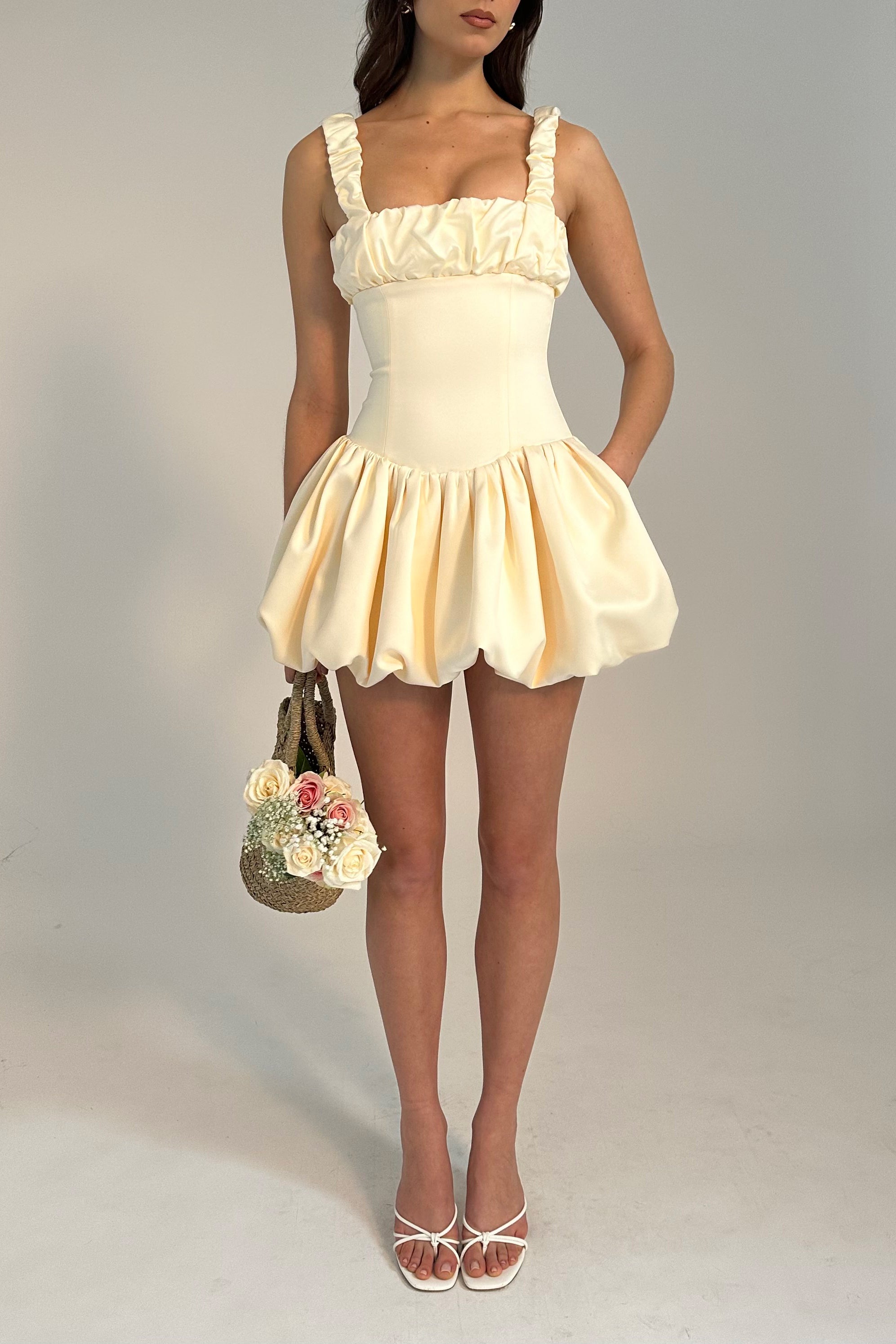 Miss Circle Women Aubrey Egg White Satin Bubble Hem Mini Dress Miss Circle Women Aubrey Egg White Satin Bubble Hem Mini Dress