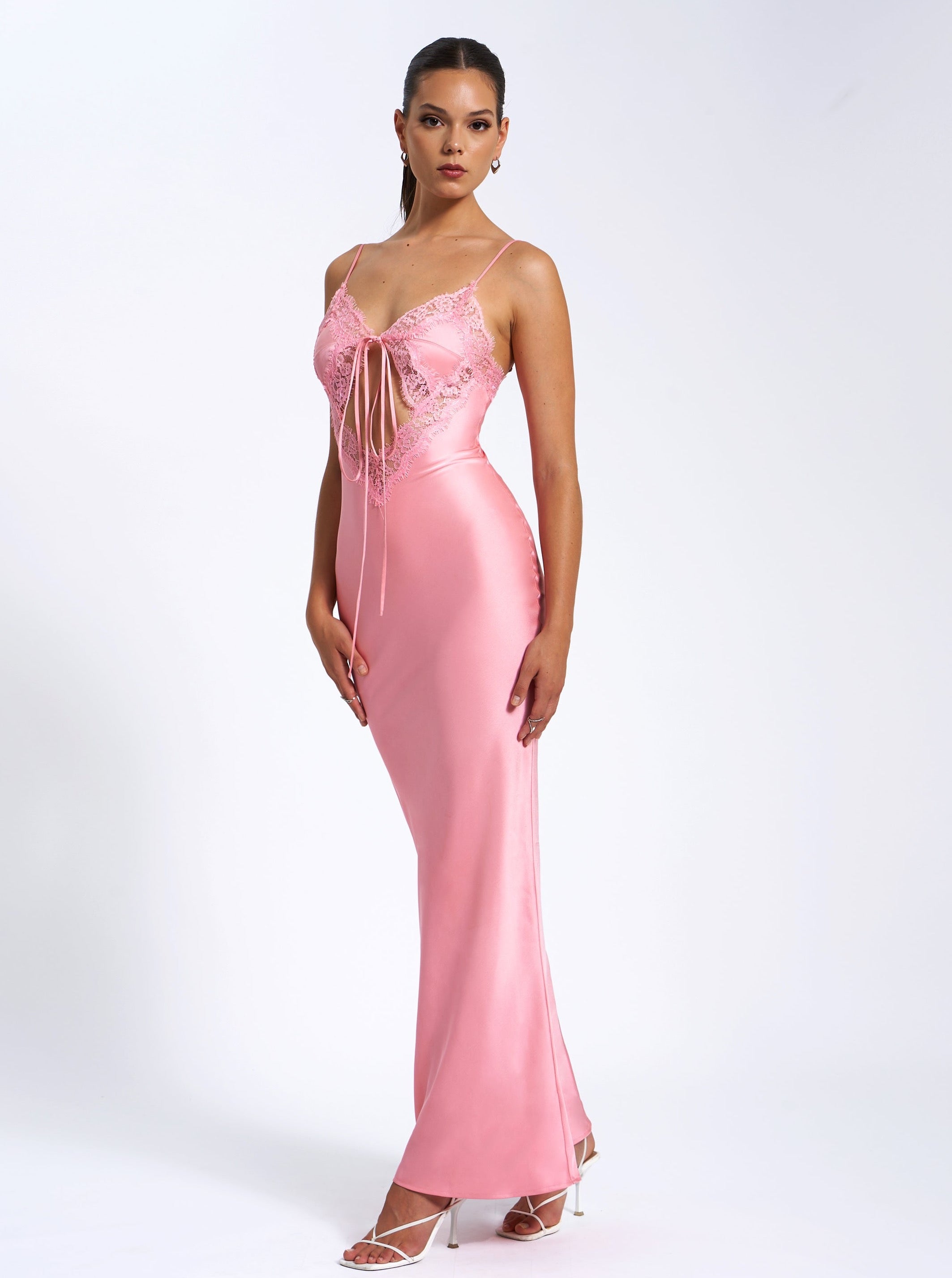 Zinnia Salmon Pink Satin Lace Maxi Dress