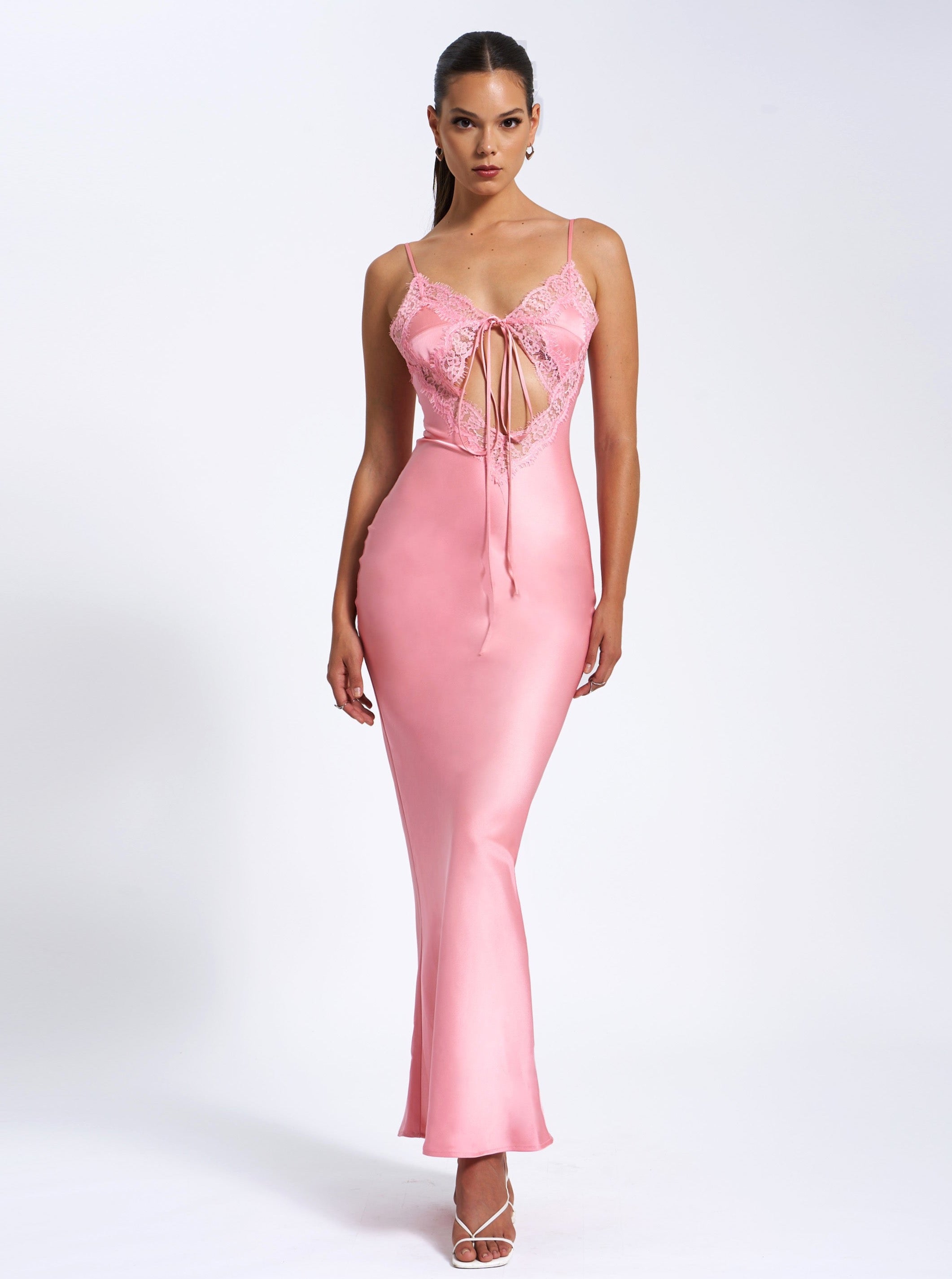 Zinnia Salmon Pink Satin Lace Maxi Dress