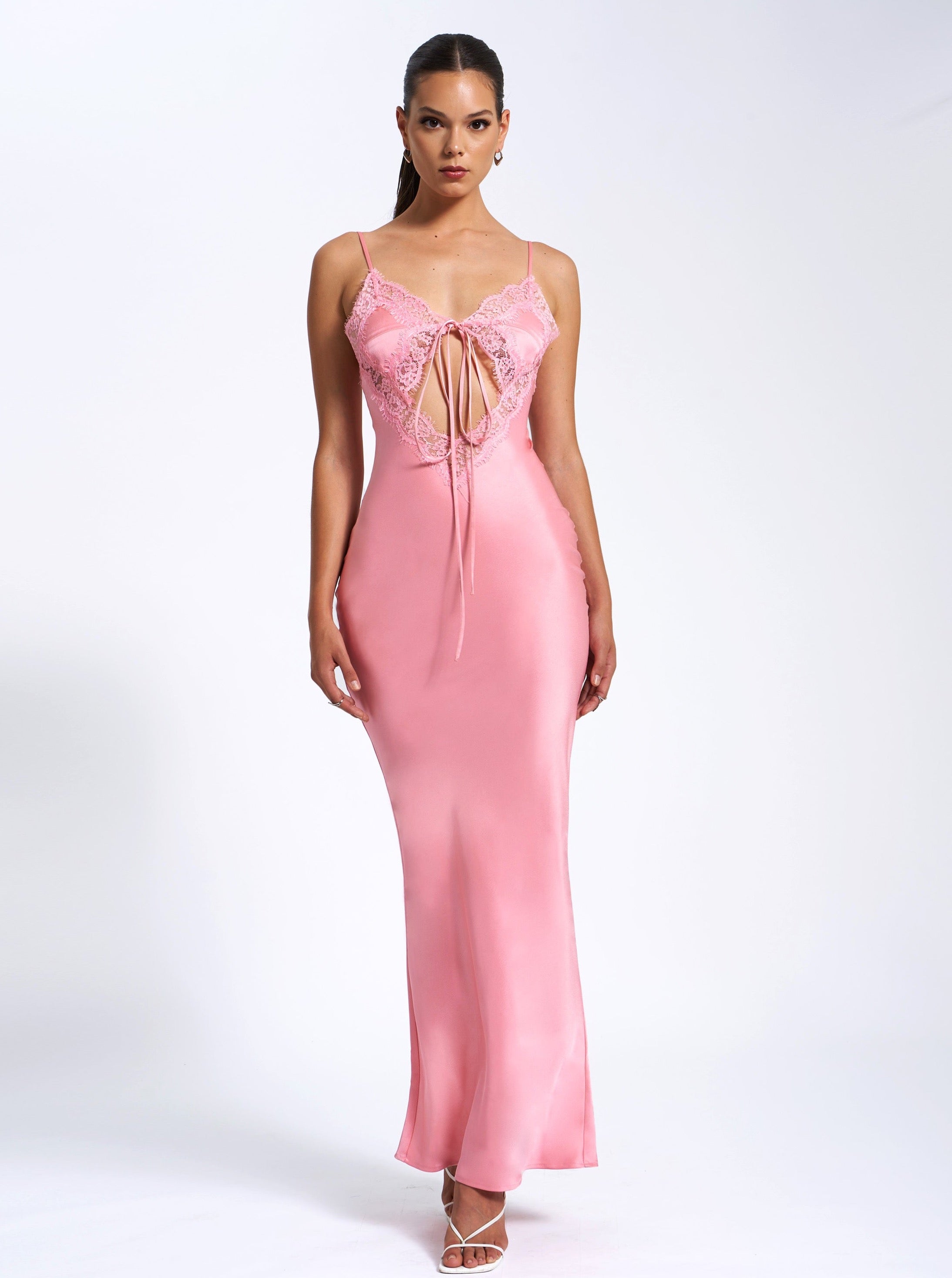 Zinnia Salmon Pink Satin Lace Maxi Dress