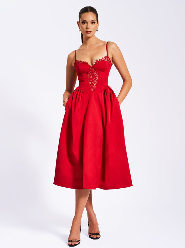 Red Satin Corset Ball Gown Tea Length Prom Dress - Xdressy