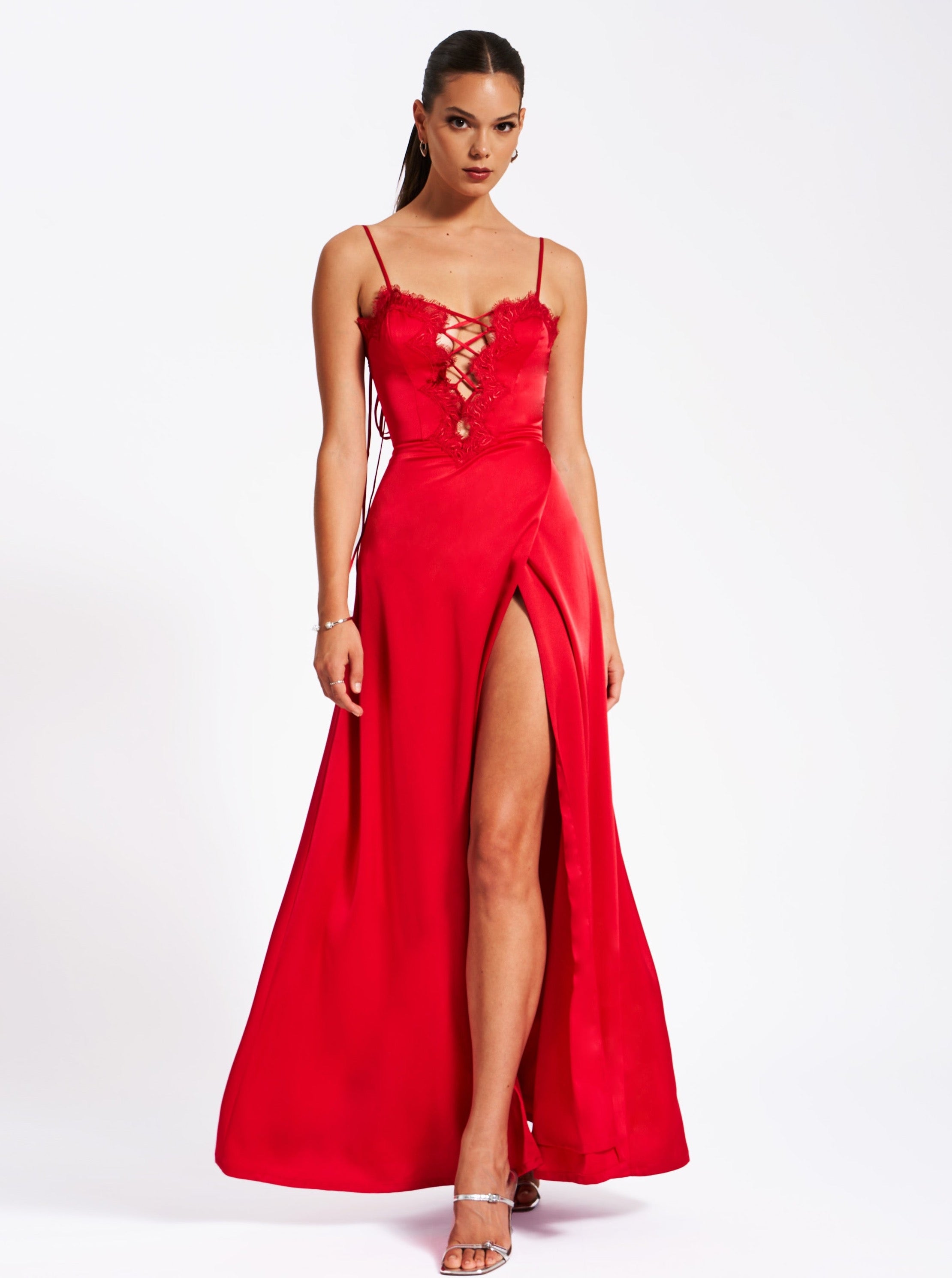 Rabia Red Lace Up High Slit Satin Dress