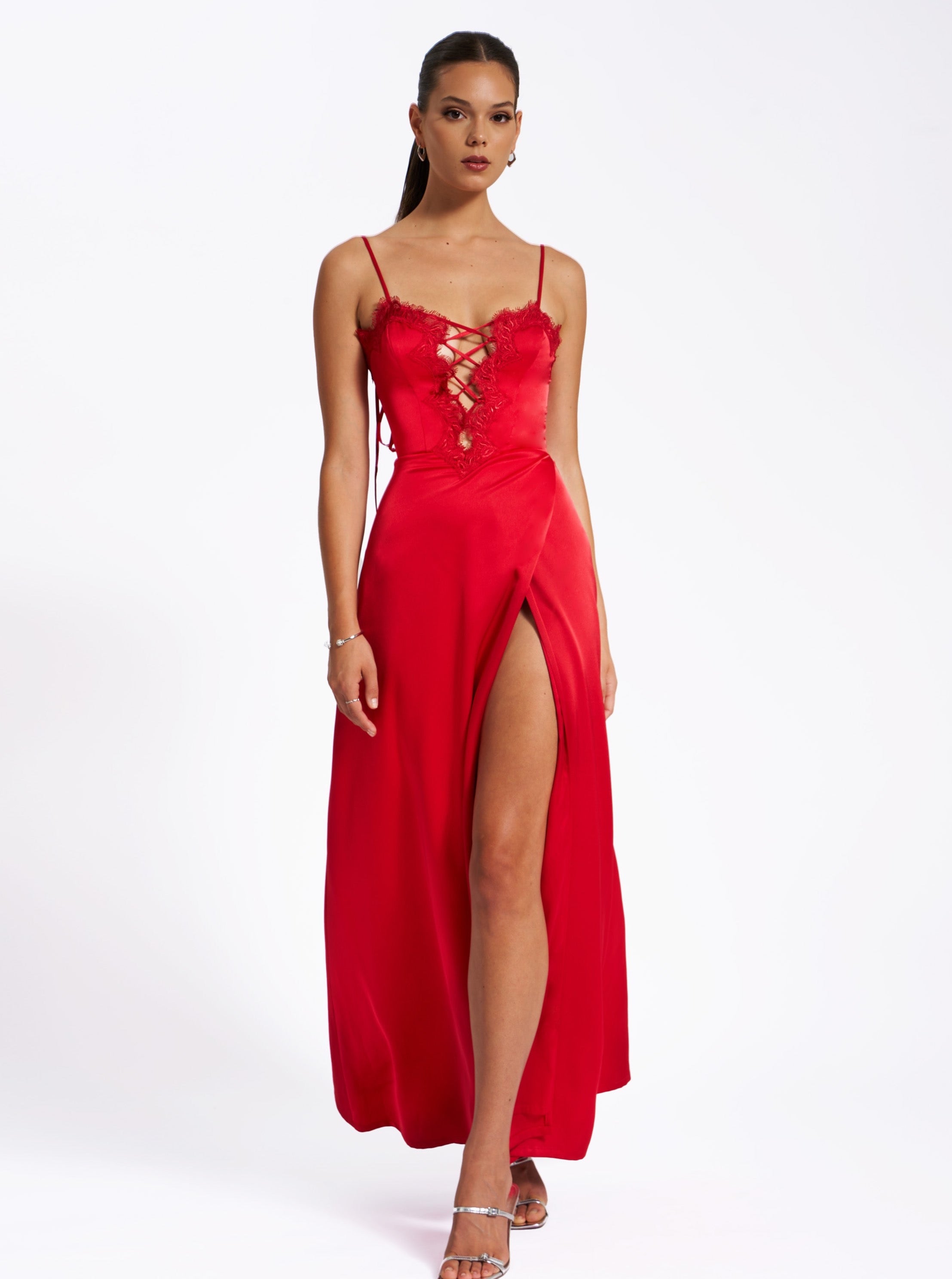 Rabia Red Lace Up High Slit Satin Dress