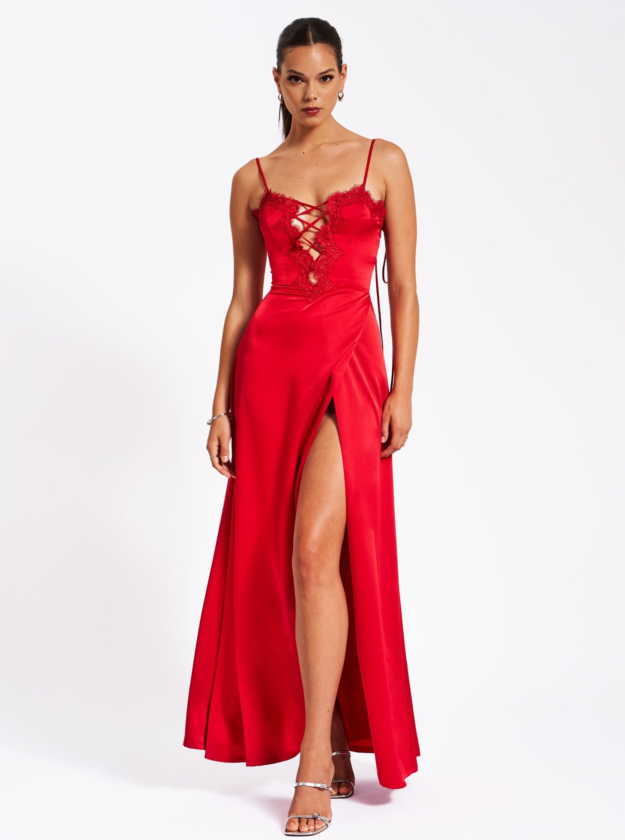 Rabia Red Lace Up High Slit Satin Dress