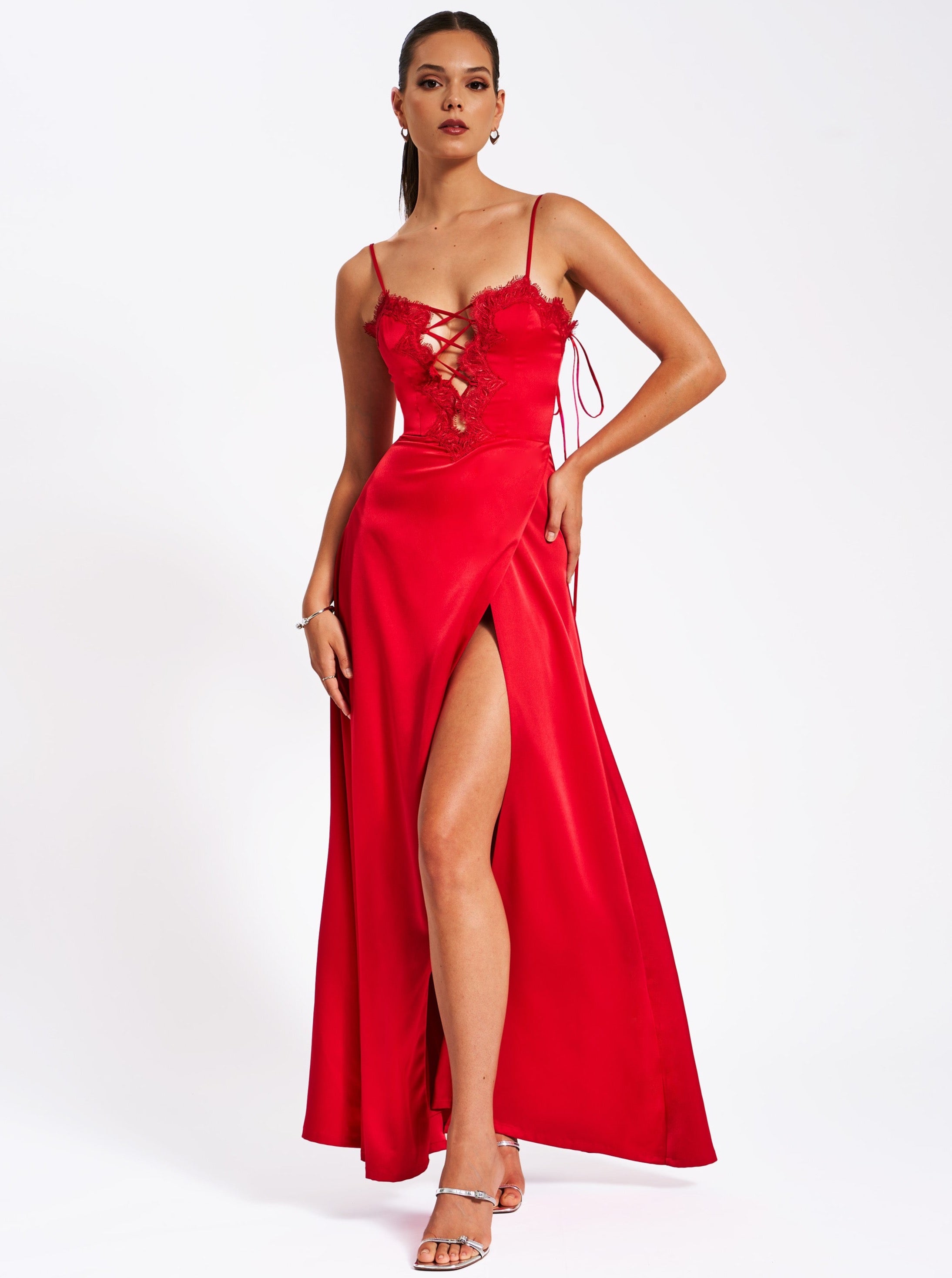 Rabia Red Lace Up High Slit Satin Dress