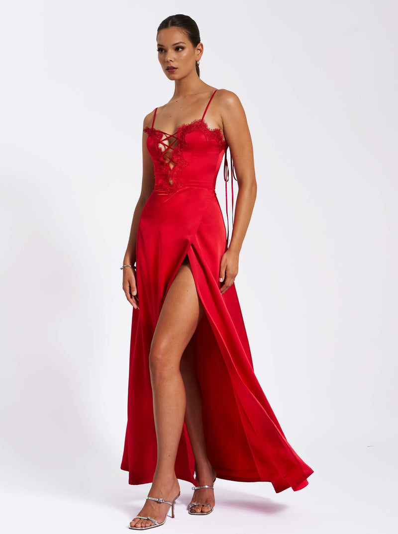 Rabia Red Lace Up High Slit Satin Dress