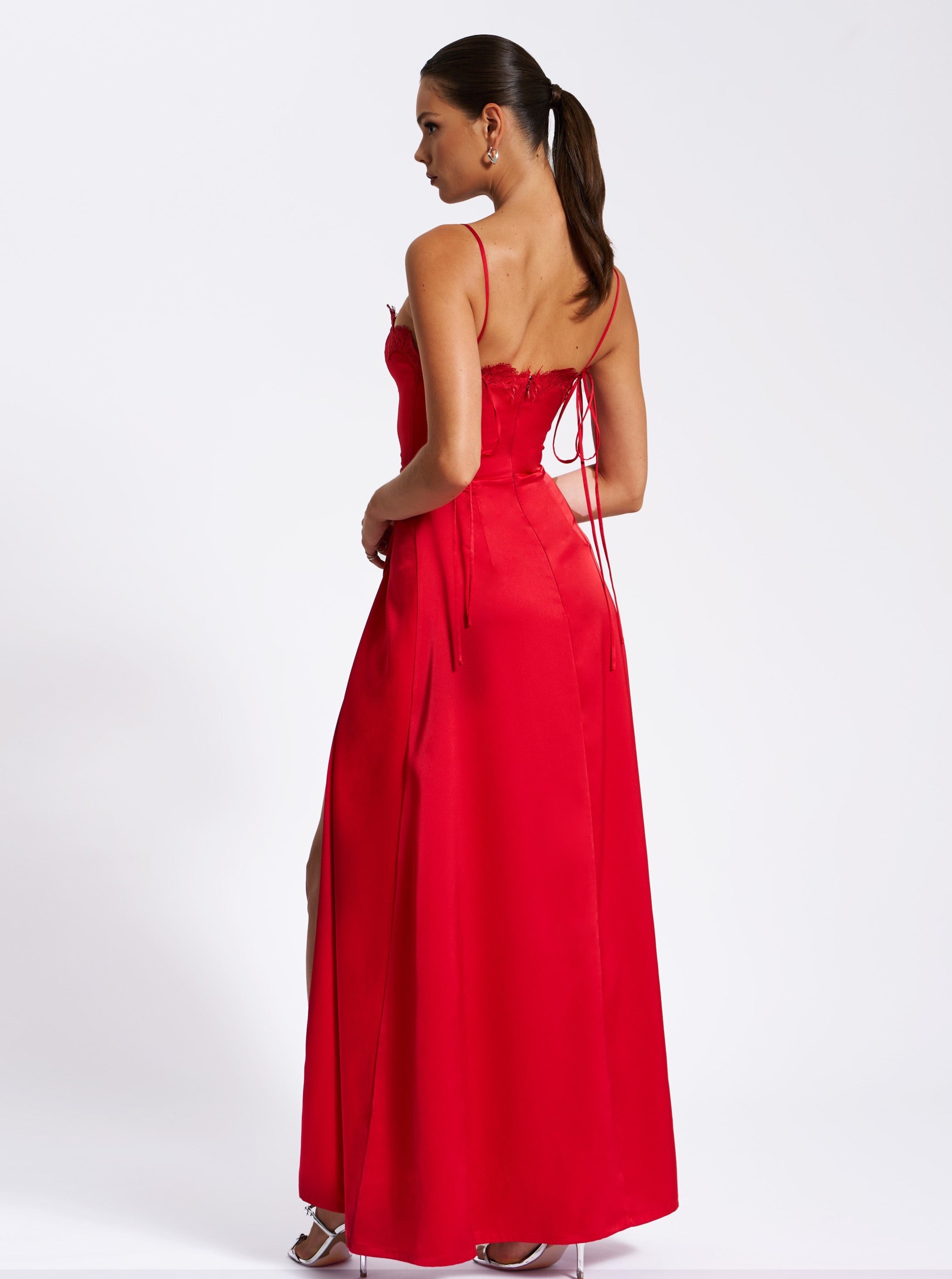 Rabia Red Lace Up High Slit Satin Dress