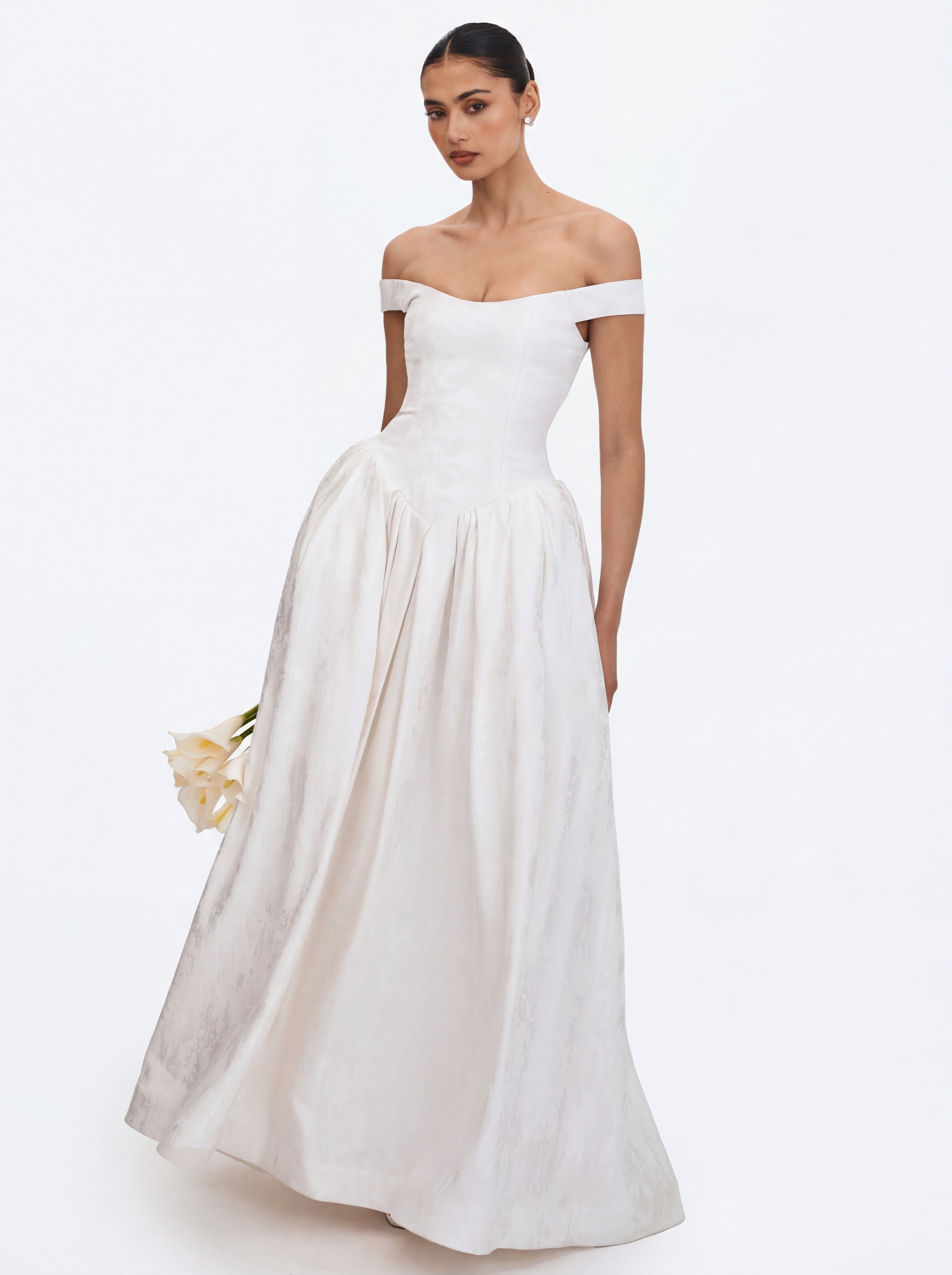 Tinsley White Jacquard Bardot Wedding Gown