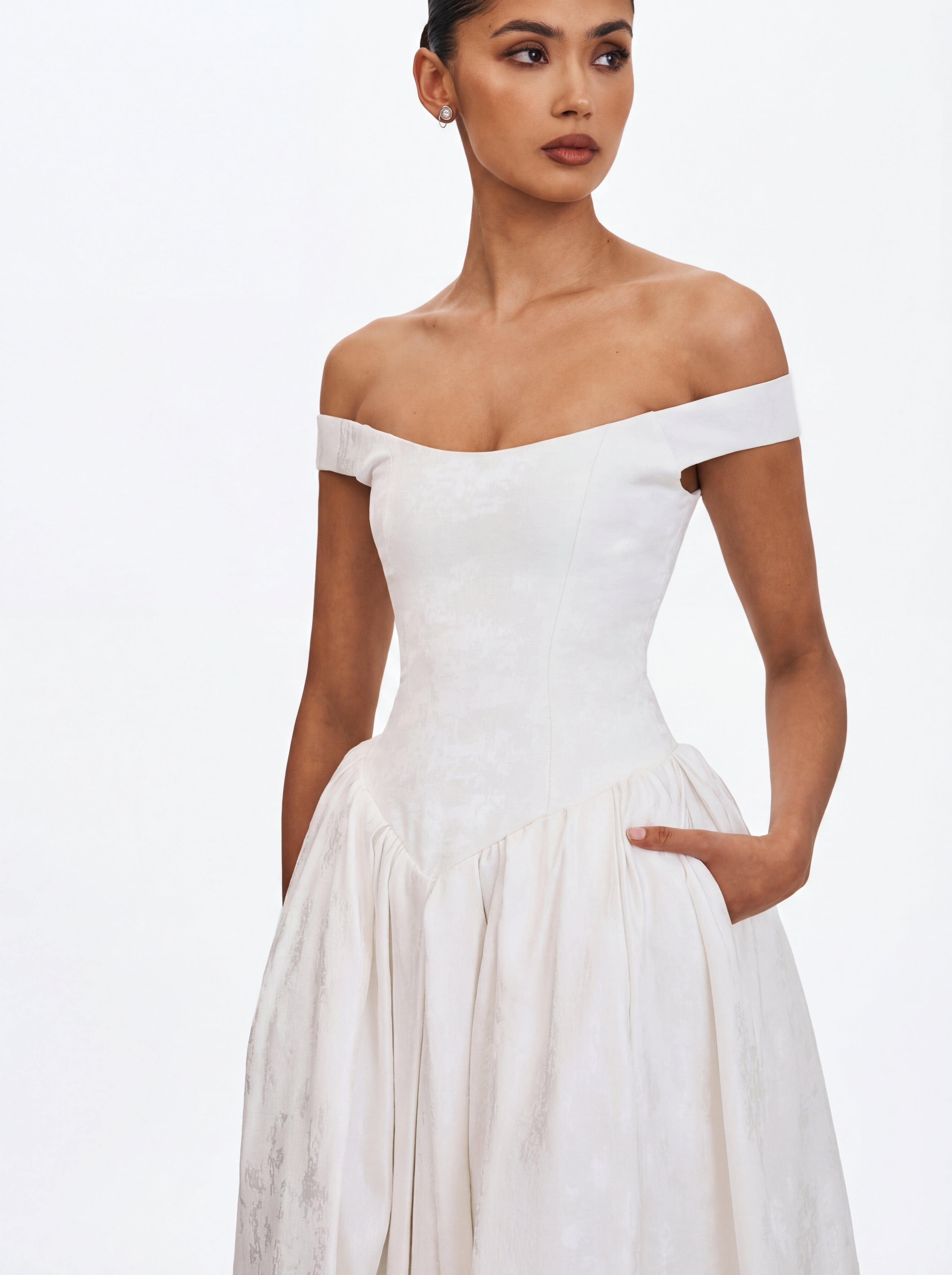 Tinsley White Jacquard Bardot Wedding Gown