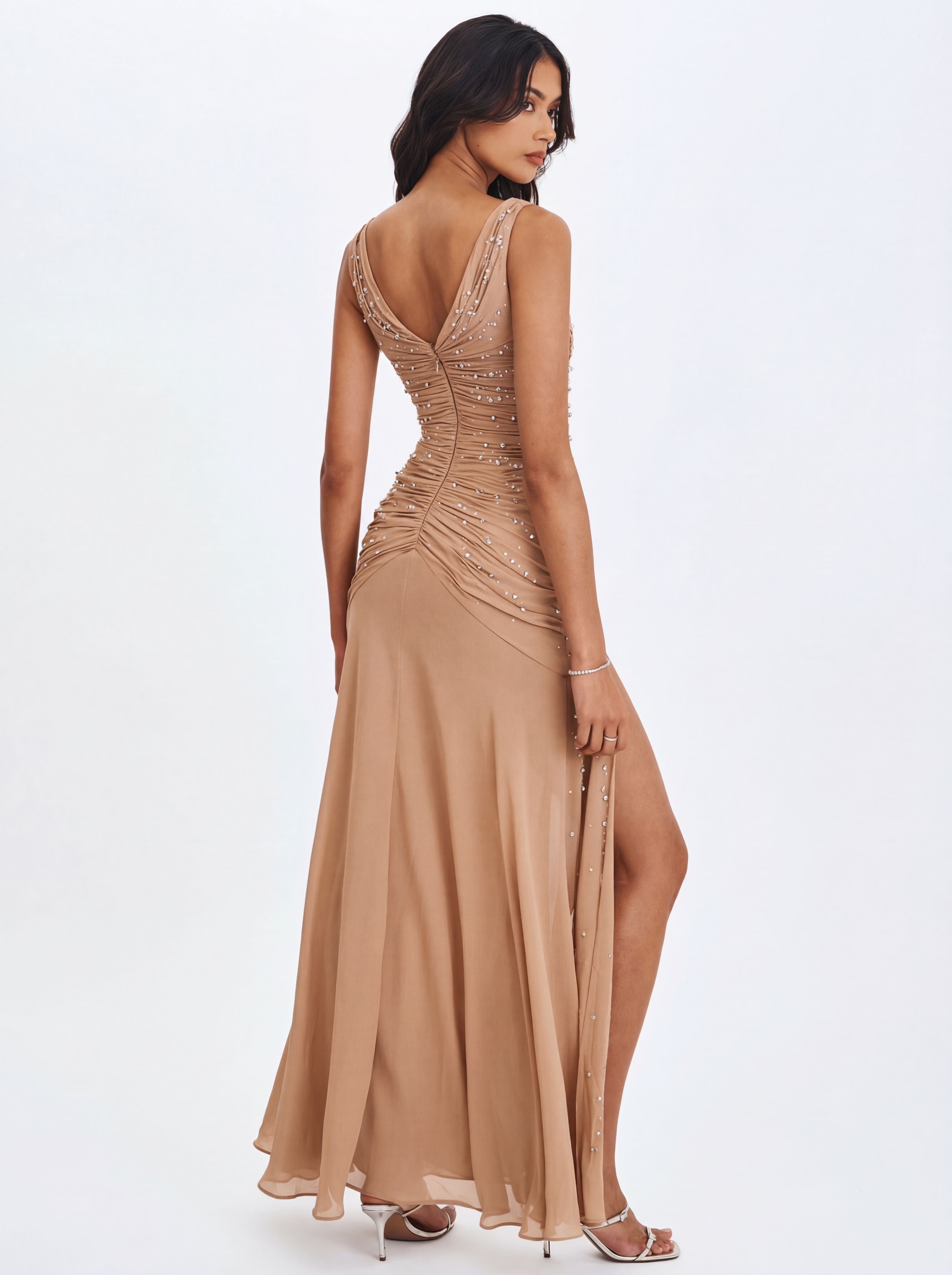 Viveca Apricot Crystal-Embellished Asymmetrical Ruched Maxi Dress