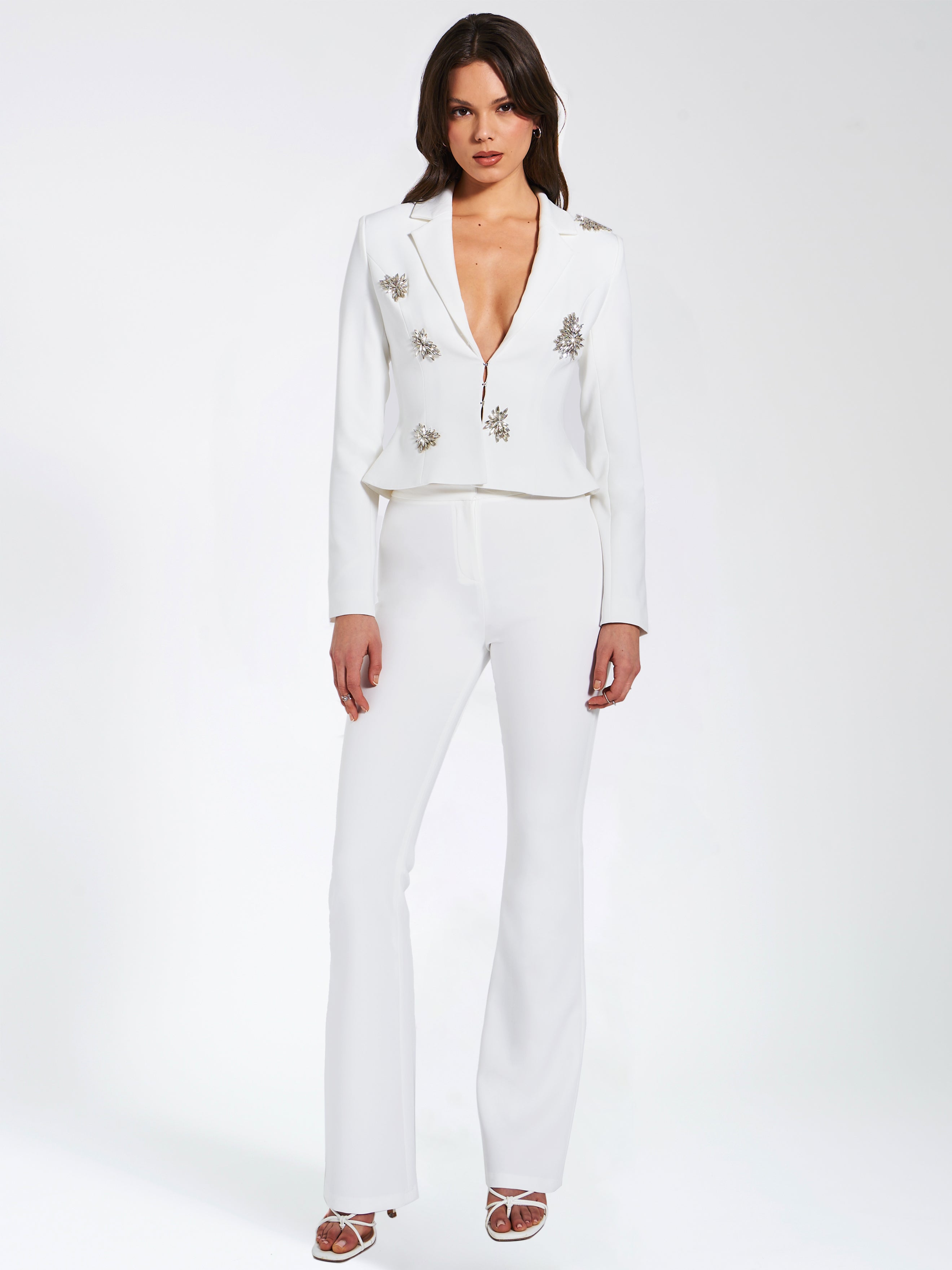 Waleria White Stretch Crepe Flare Pants