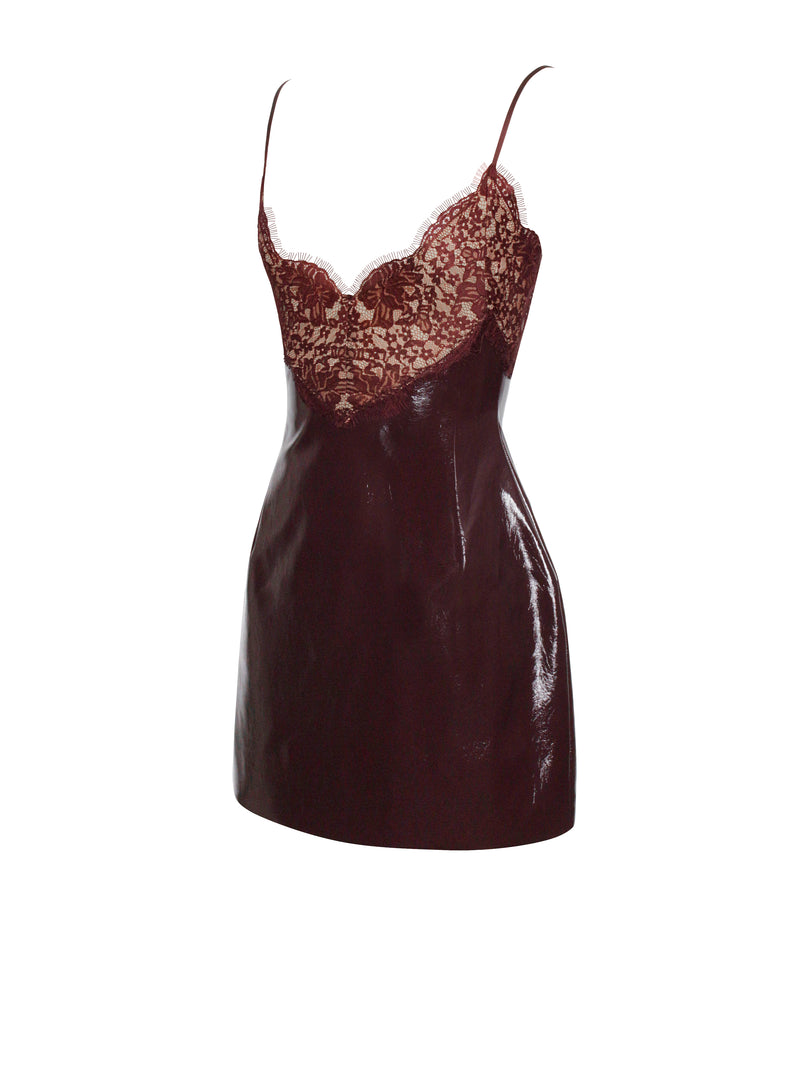 Shelby Dark Brown Vegan Leather with Lace Mini Dress