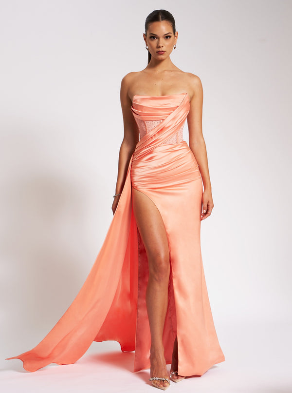 Holly Coral Crystallized Corset High Slit Satin Gown
