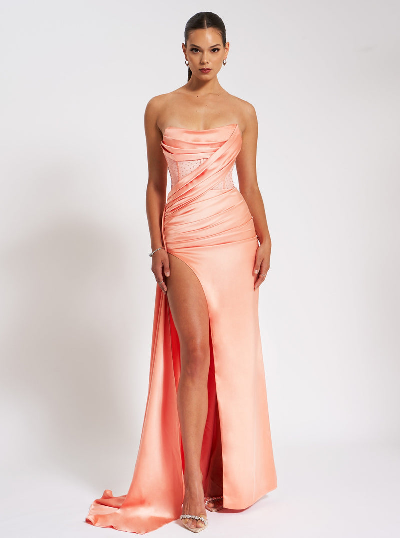 Holly Coral Crystallized Corset High Slit Satin Gown