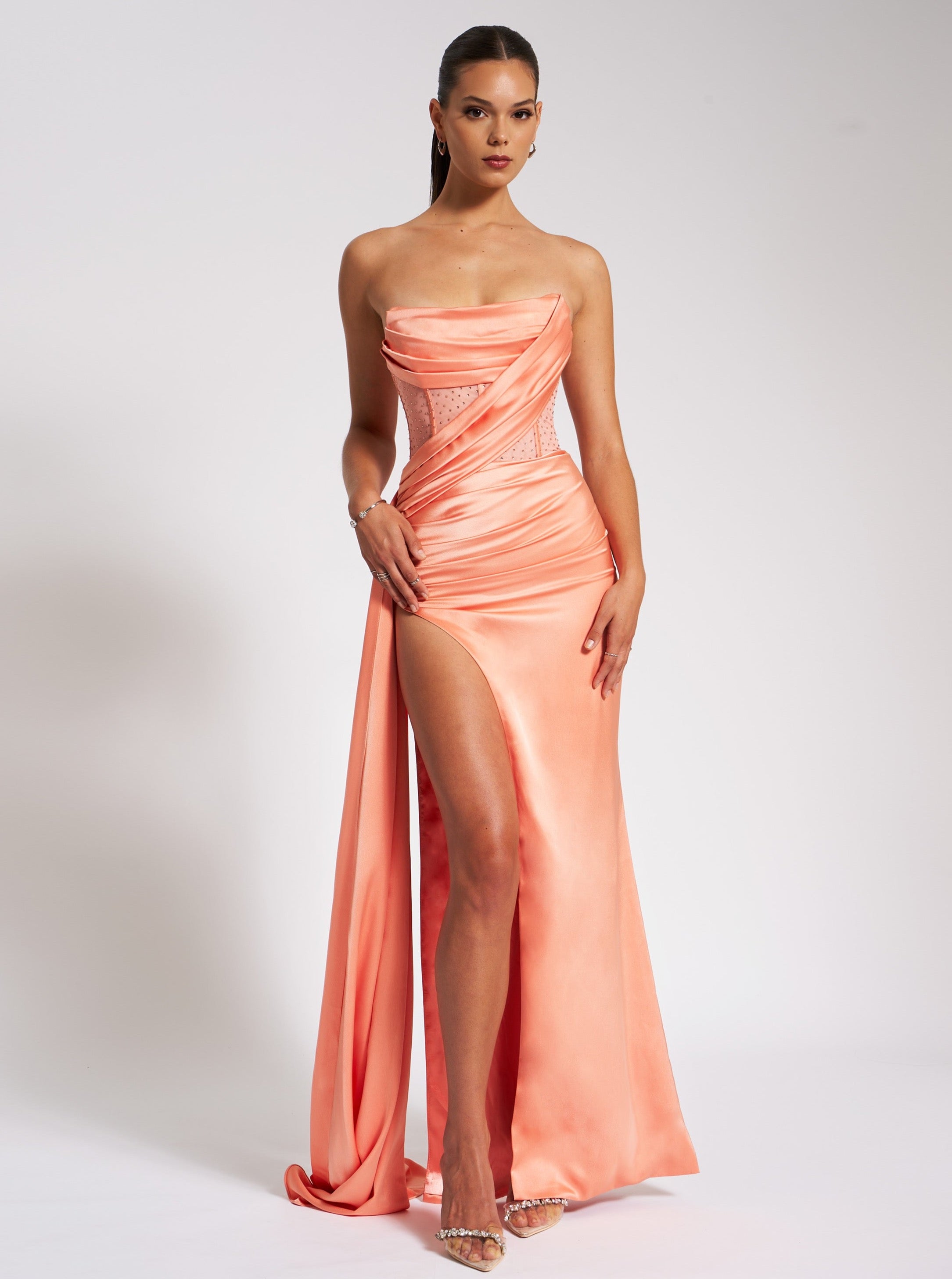 Holly Coral Crystallized Corset High Slit Satin Gown – Miss Circle