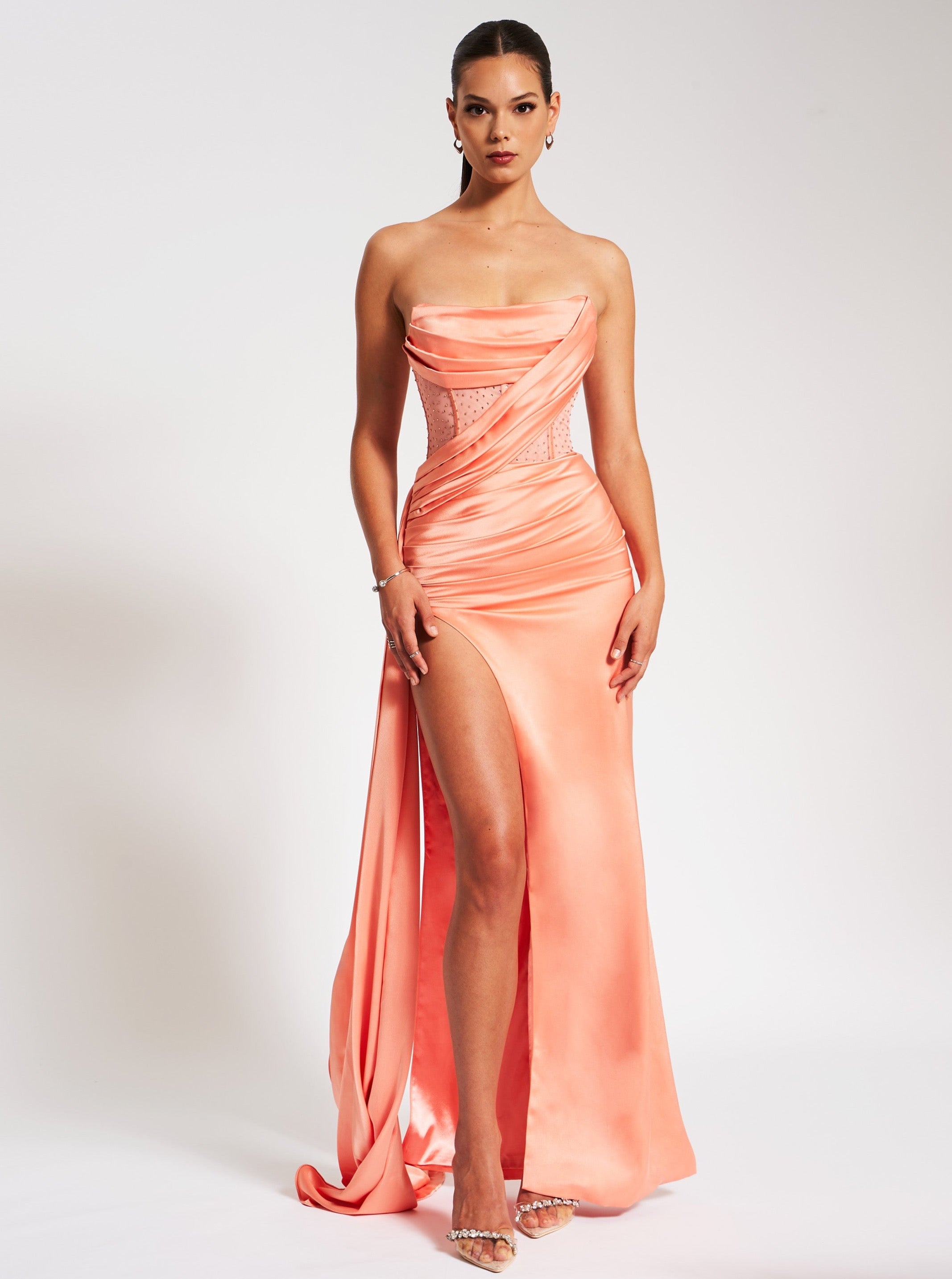 Holly Coral Crystallized Corset High Slit Satin Gown – Miss Circle