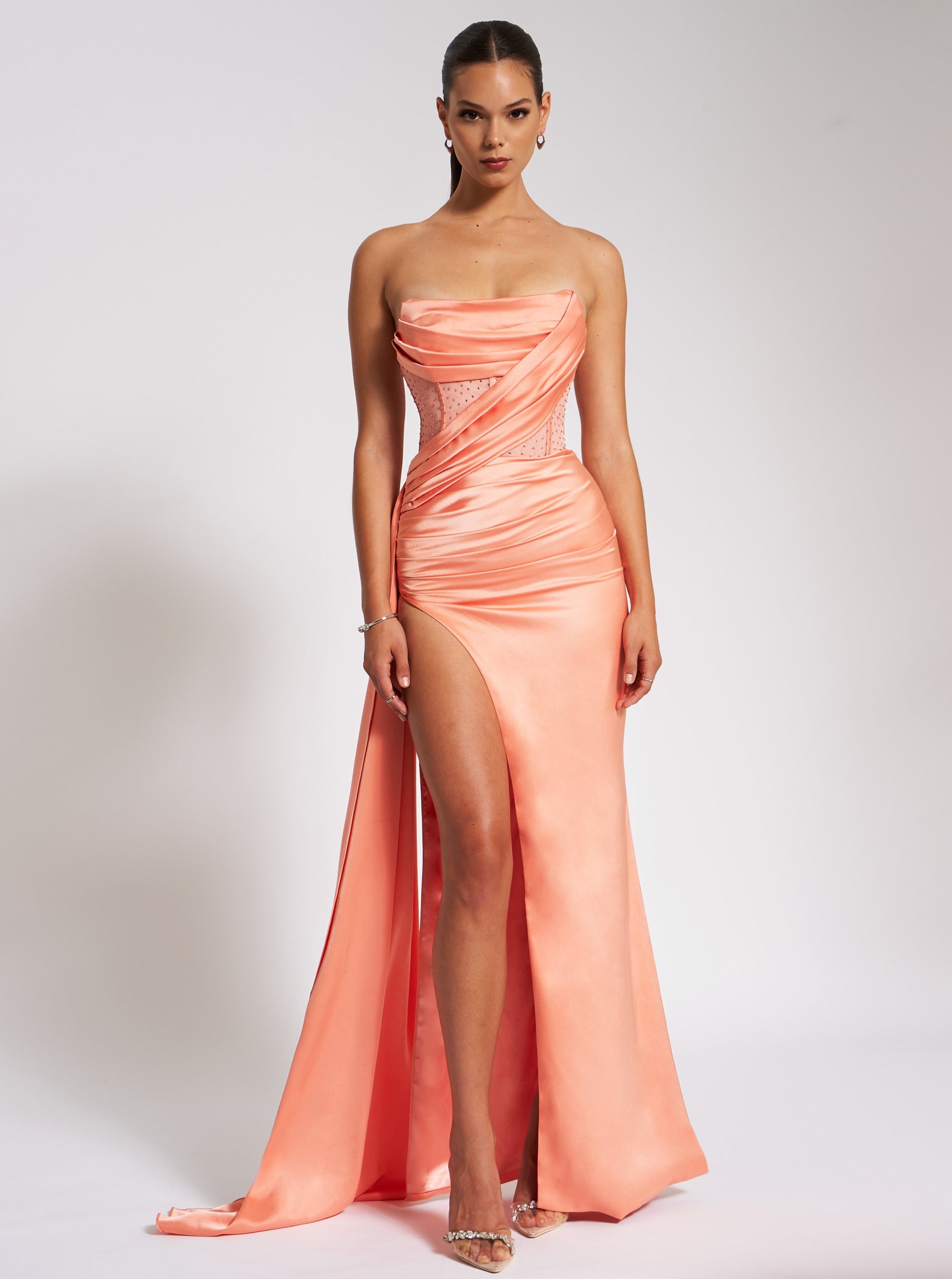 Holly Coral Crystallized Corset High Slit Satin Gown – Miss Circle