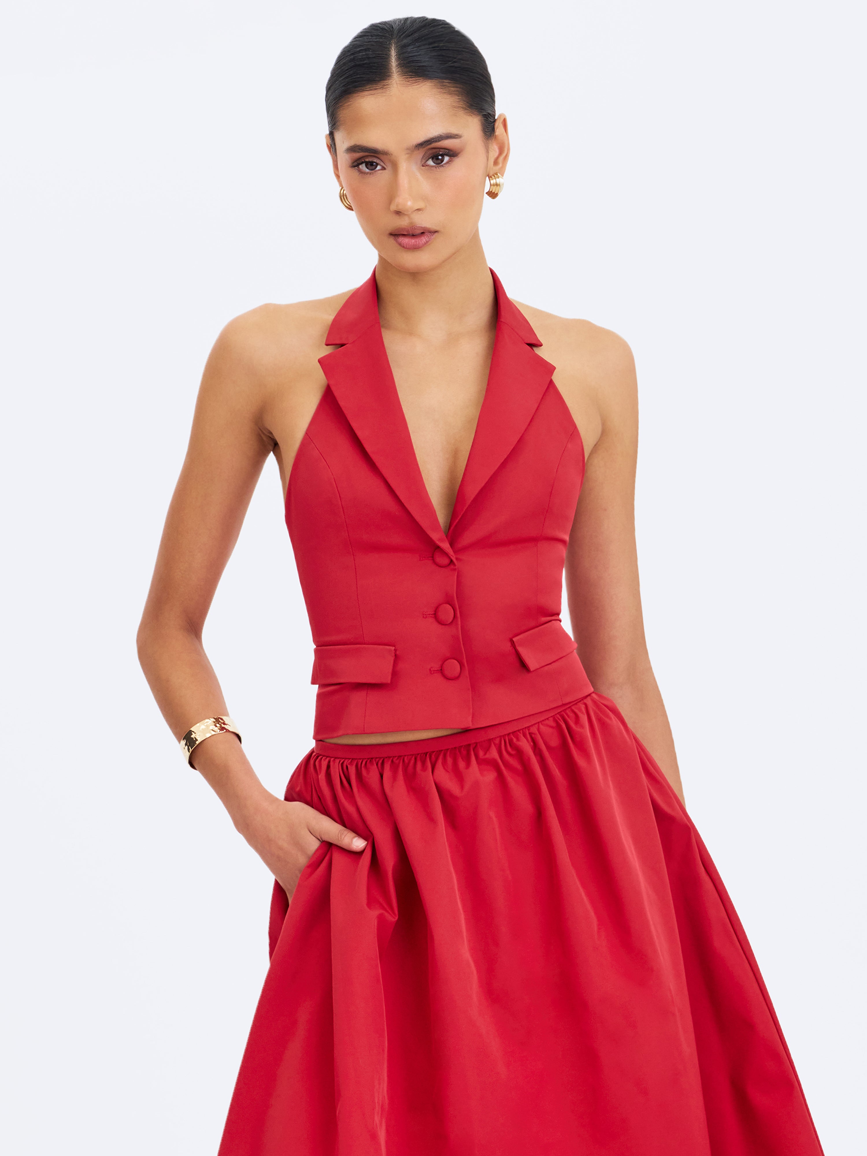 Ursella Crimson Halter Single-Breasted Lapel Top