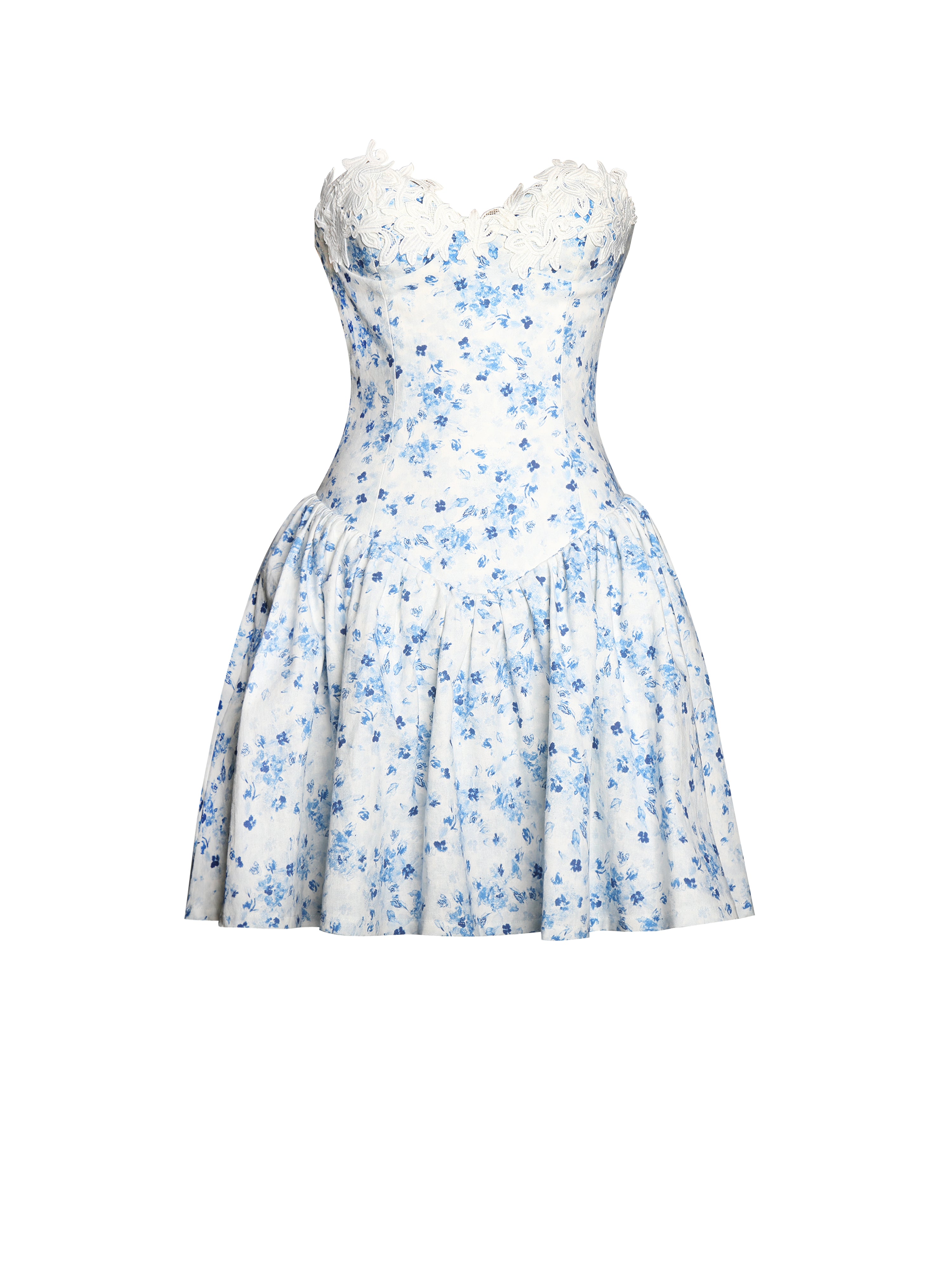Taleah Blue Floral Print Linen Mini Dress with Lace Trim