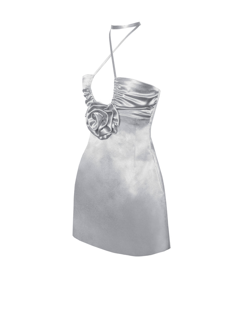 Marcia Silver Satin Strappy Halter Neck Dress