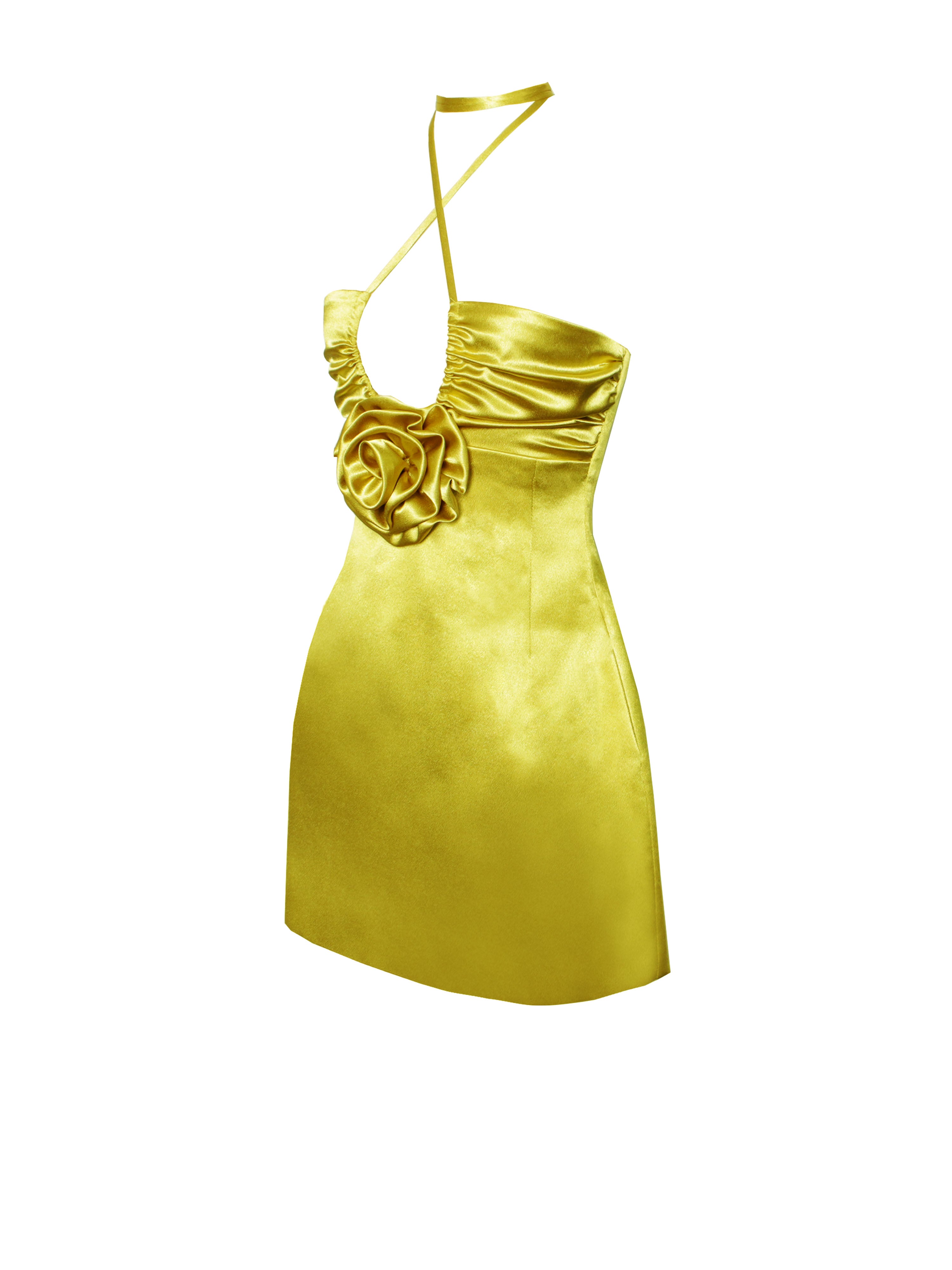 Marcia Gold Satin Strappy Halter Neck Dress