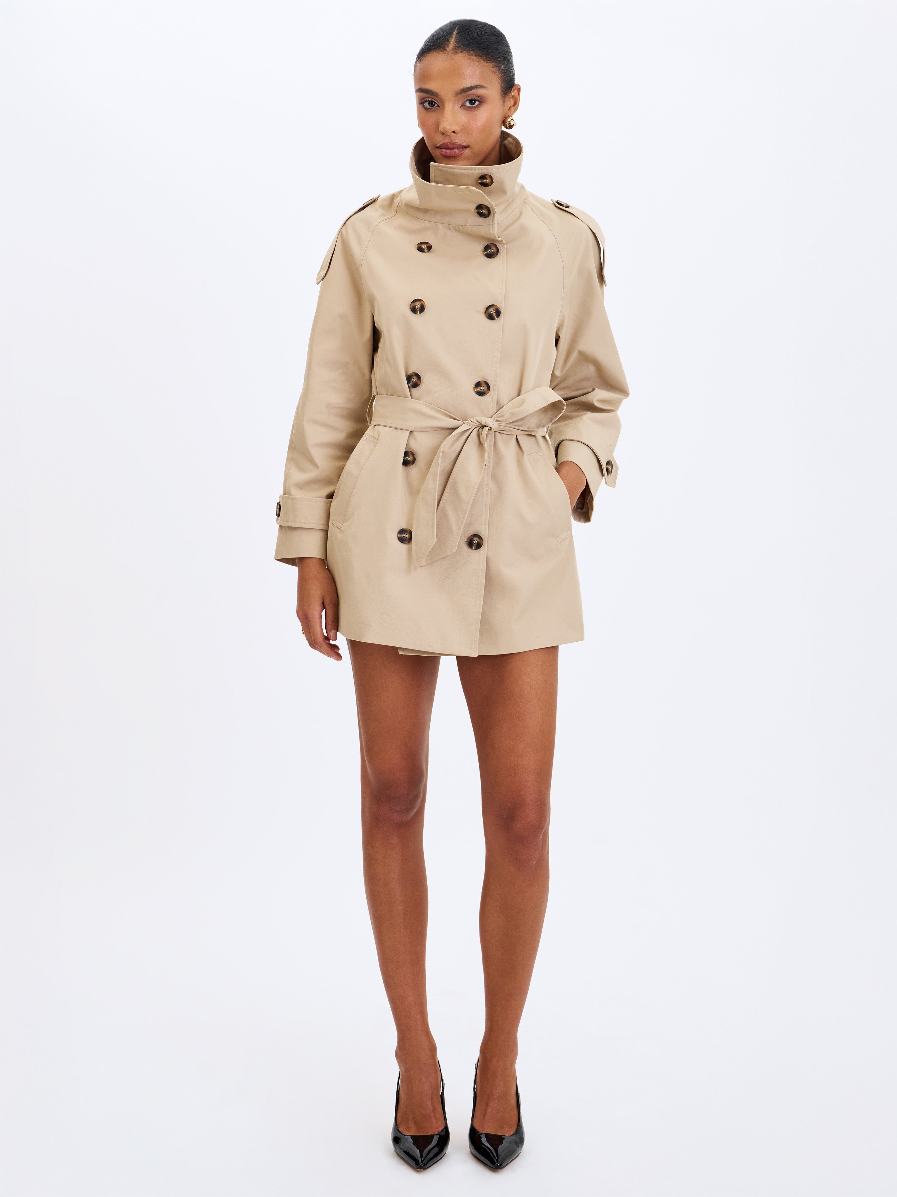 Vanetta Tan High Collar Double-Breasted Trench Mini Coat