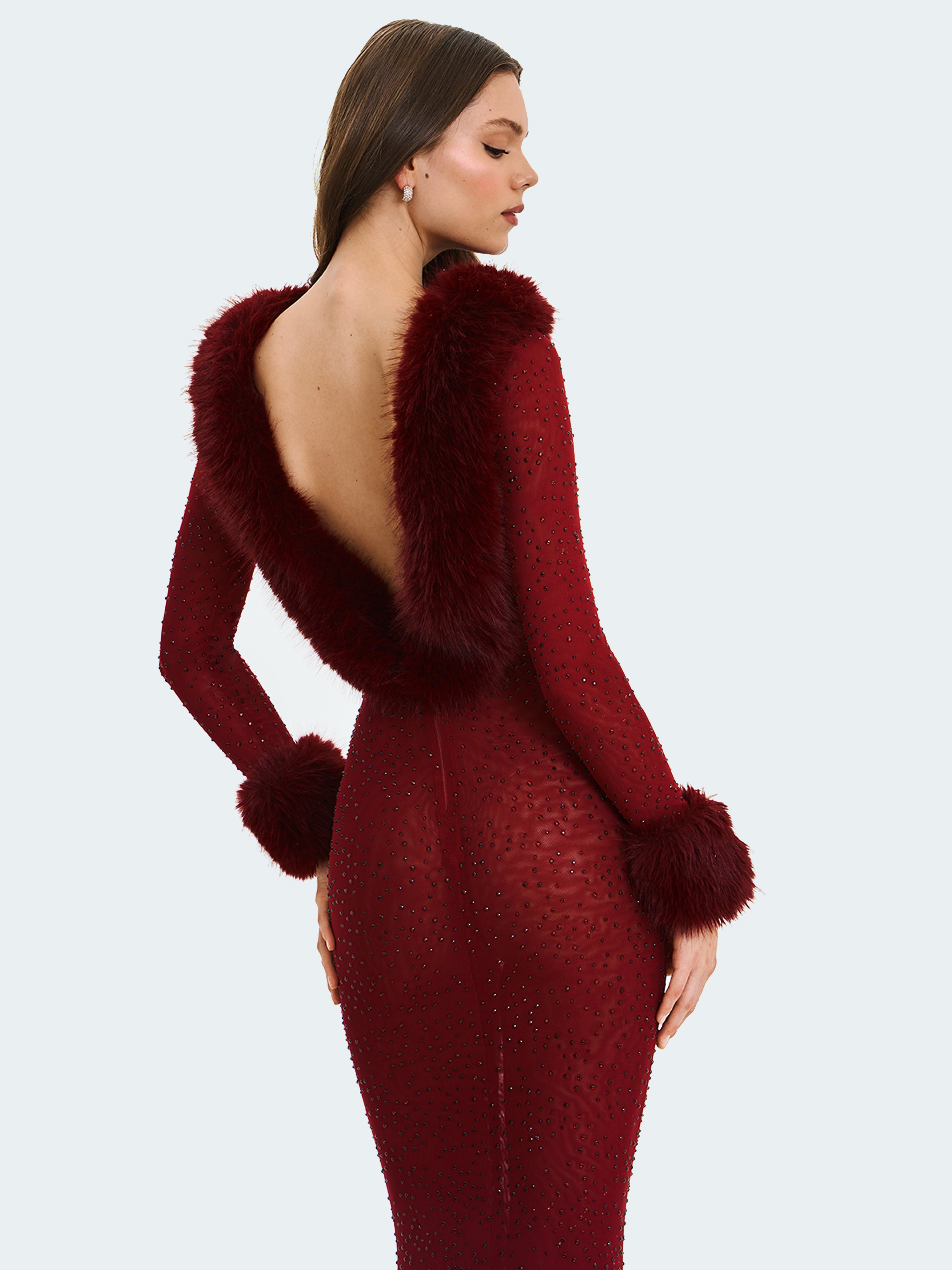 Melrose Burgundy Rhinestone Mesh Low Back Mermaid Dress