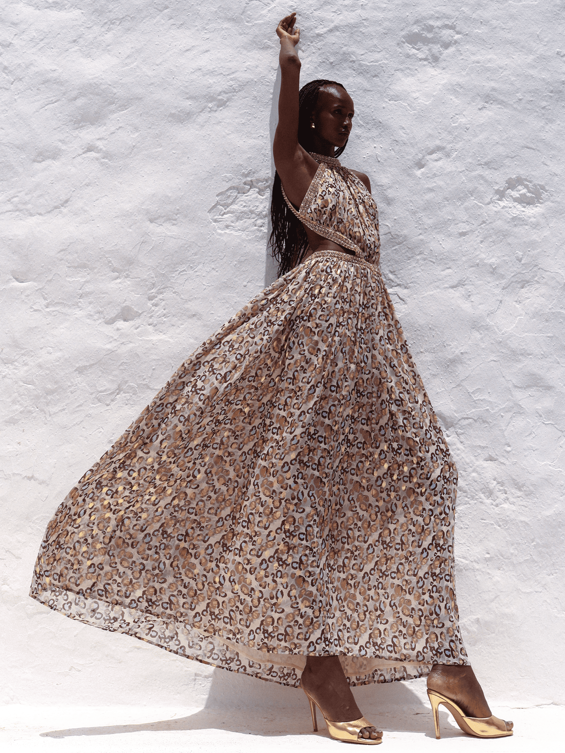 Quinnlyn Beige Cheetah Print Chiffon Halter Maxi Dress