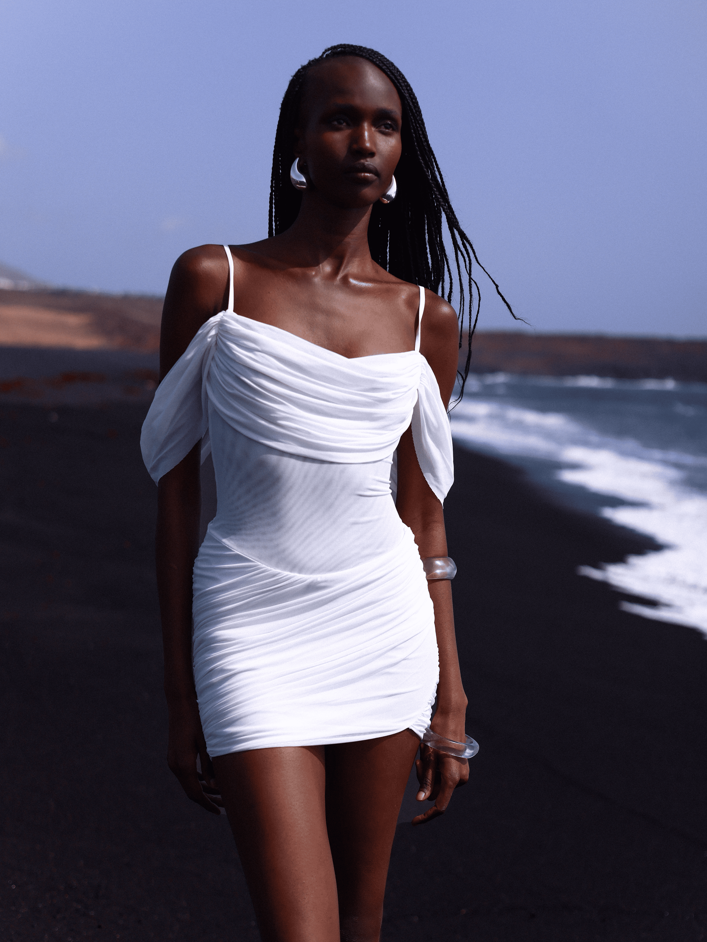Umnia White Mesh Off-Shoulder Drape Mini Dress