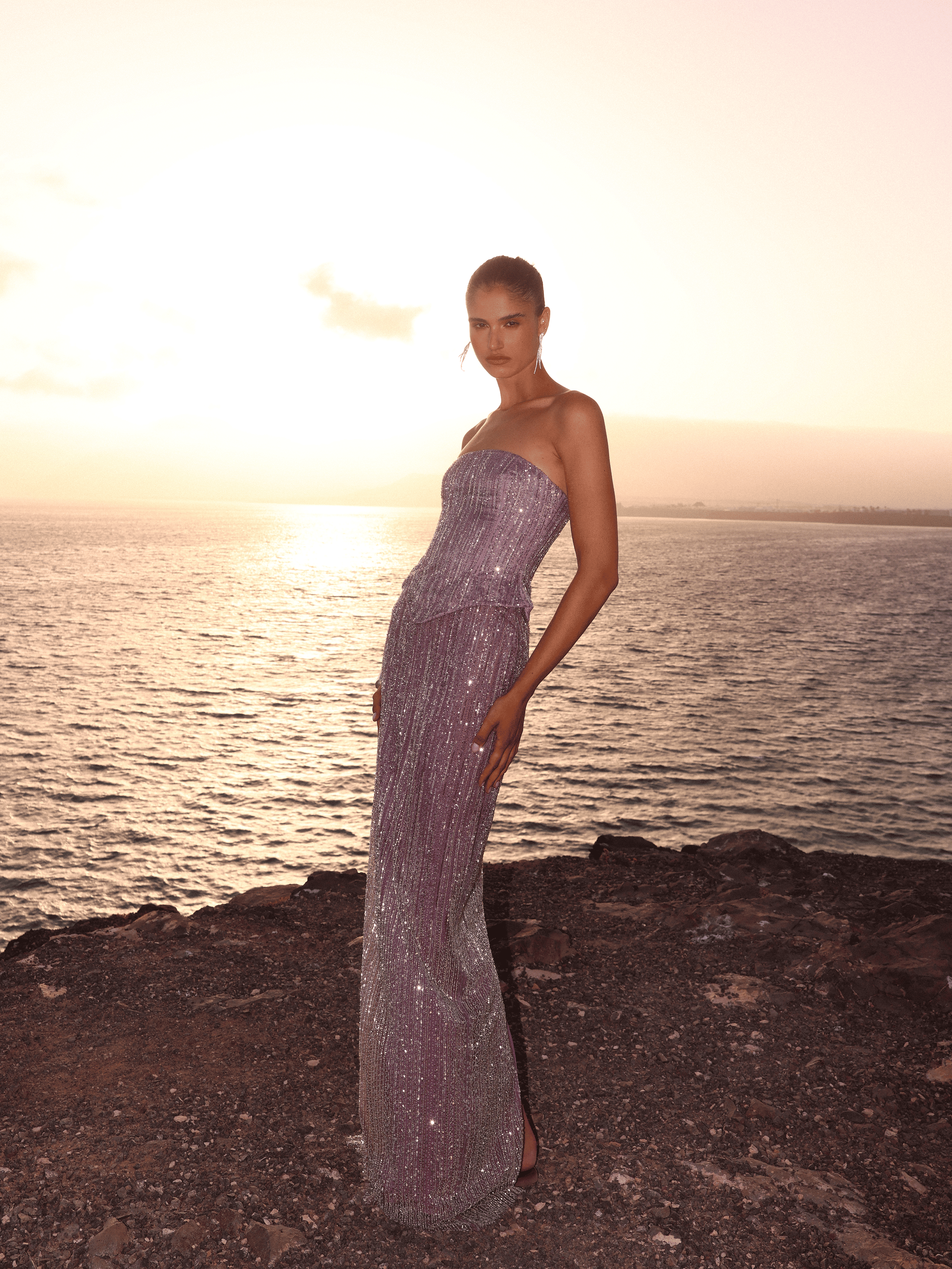 Tosca Beaded Purple Gradient Strapless Peplum Maxi Dress