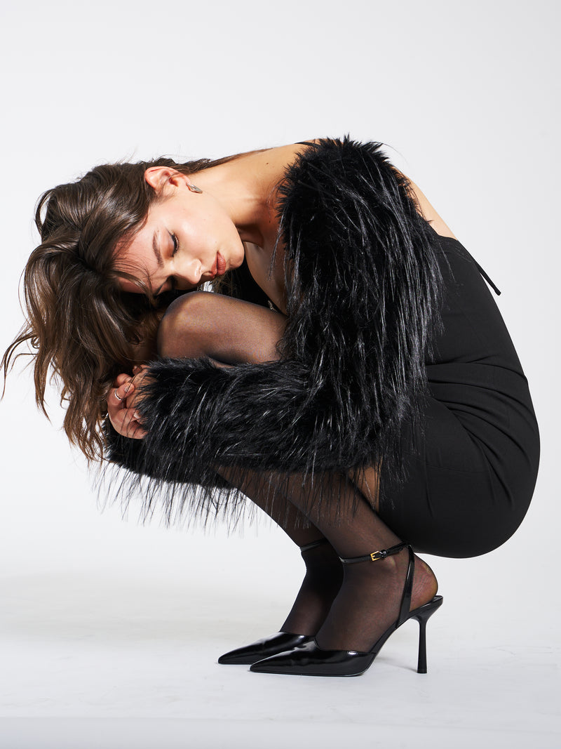 Idonea Black Faux Fur Sleeve Crystal Bustier Dress