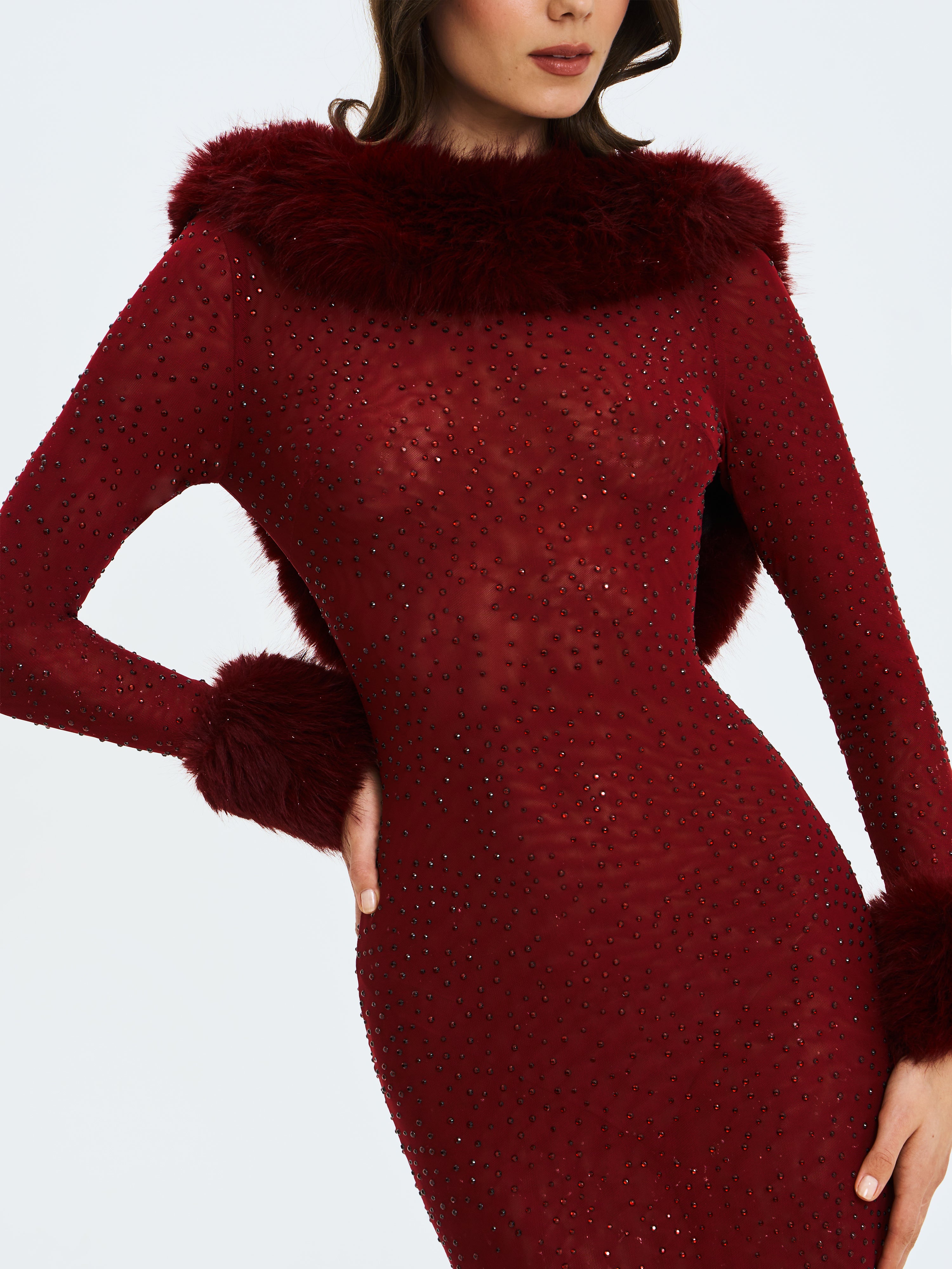 Melrose Burgundy Rhinestone Mesh Low Back Mermaid Dress