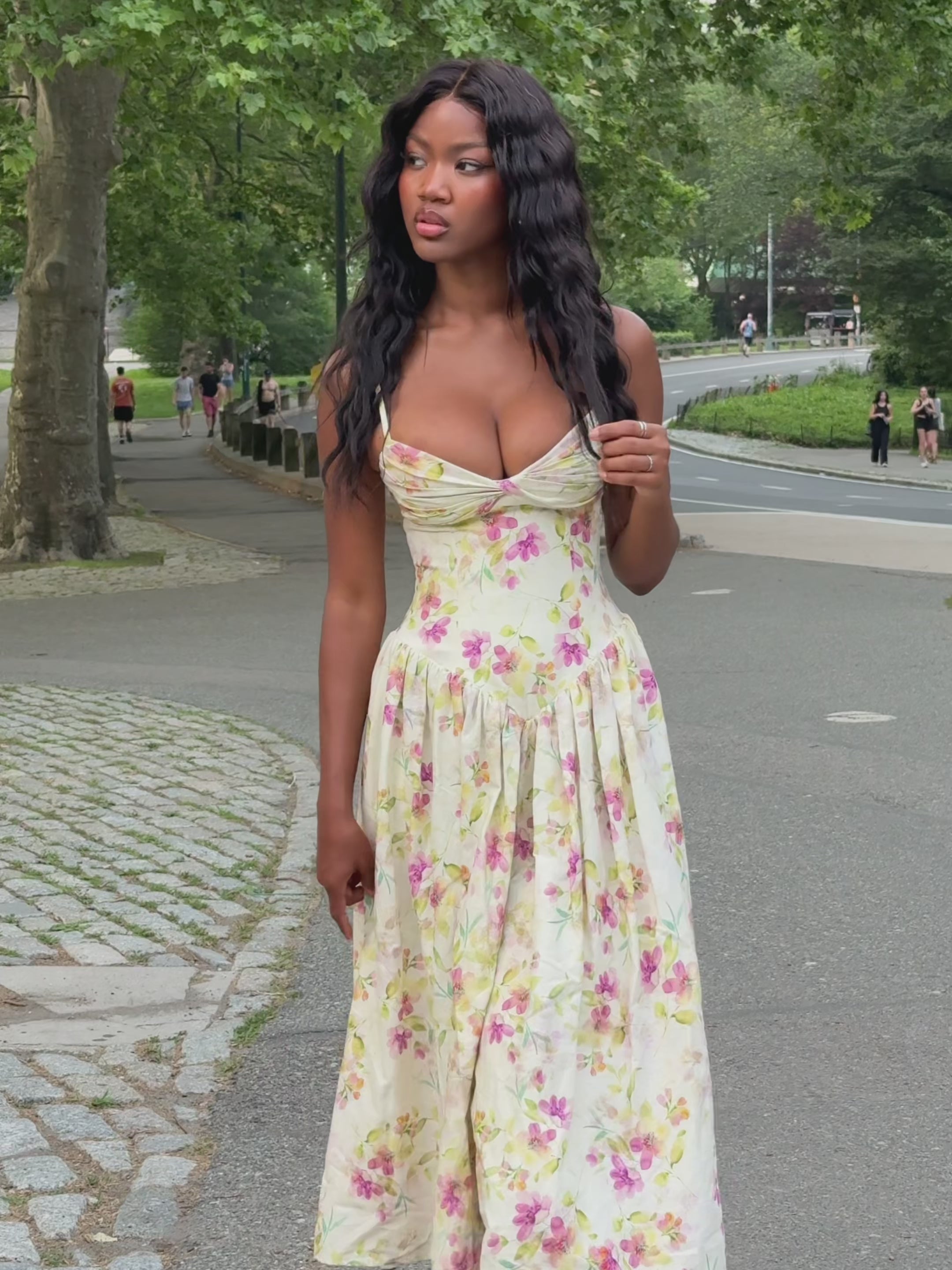 Jacinda Yellow Floral Print Linen Midi Dress