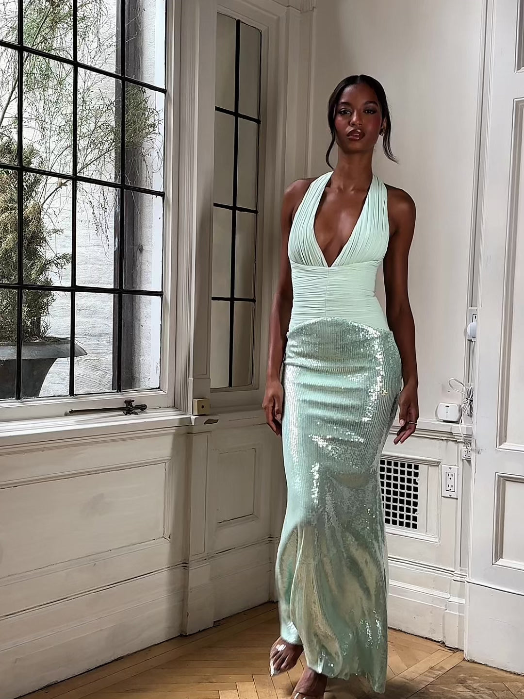 Wendale Mint Sequin Plunging Mermaid Maxi Dress