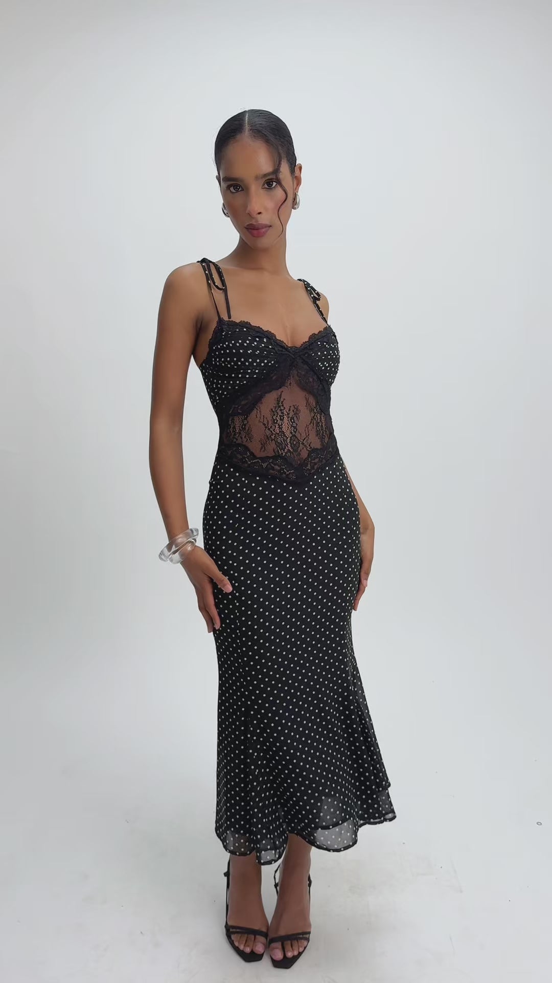 Zehra Black Polka Dot Chiffon Lace Cutout Mermaid Midi Dress