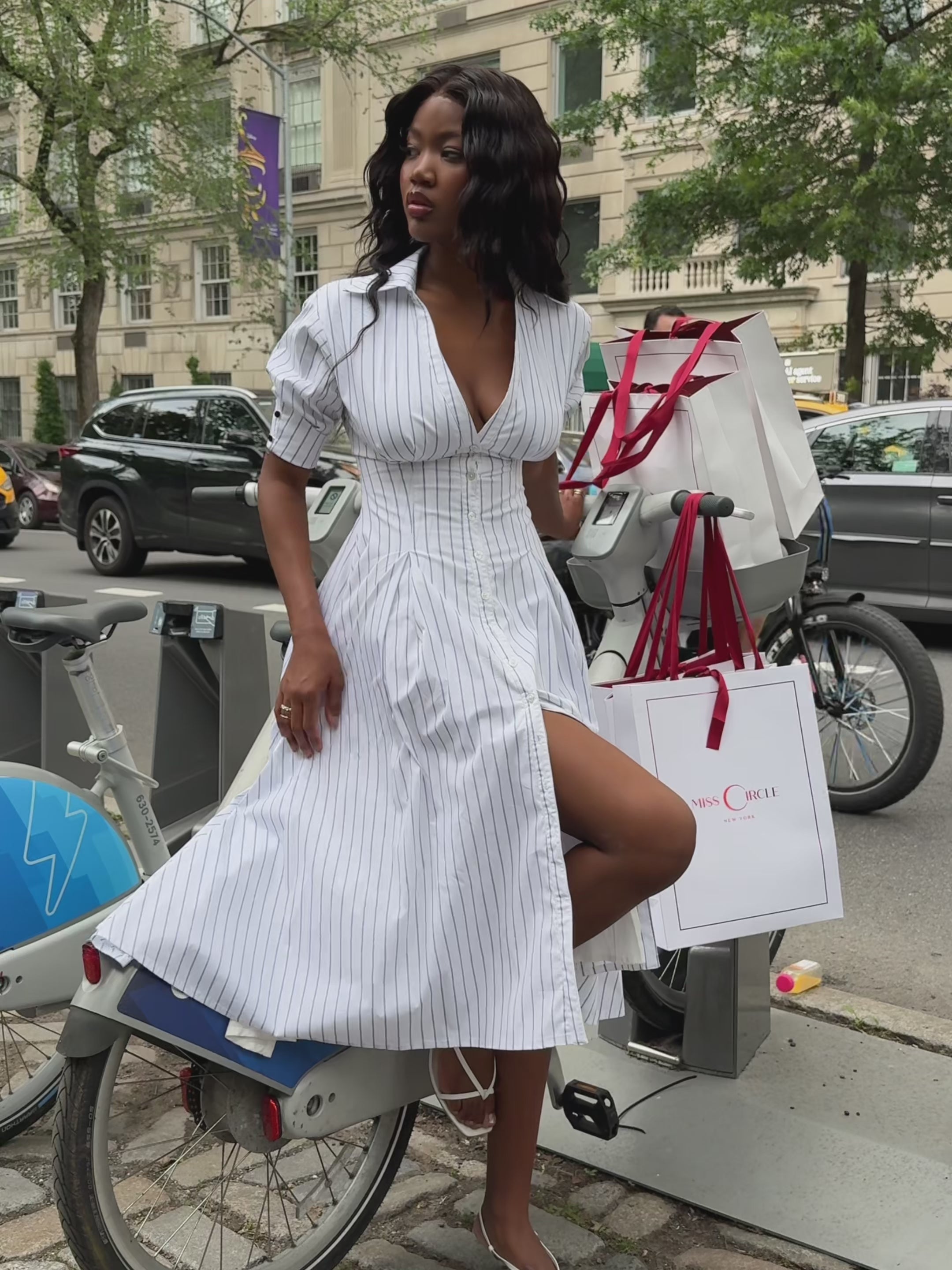 Palina Pinstripes Cotton Poplin Pleated Midi Preppy Shirt Dress