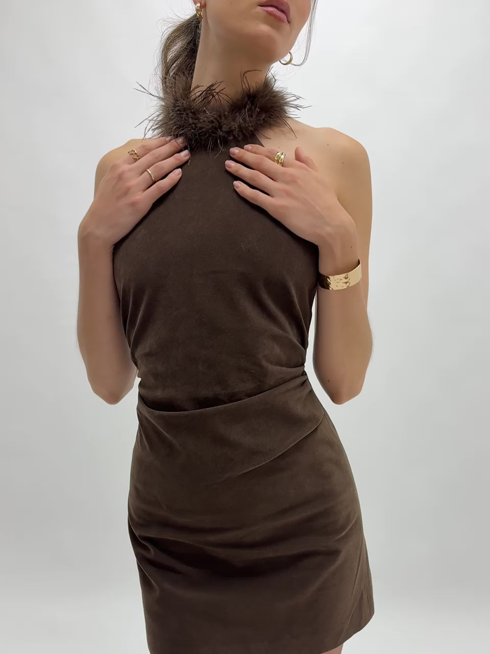 Yael Espresso Vegan Suede Faux Fur Halter Mini Dress