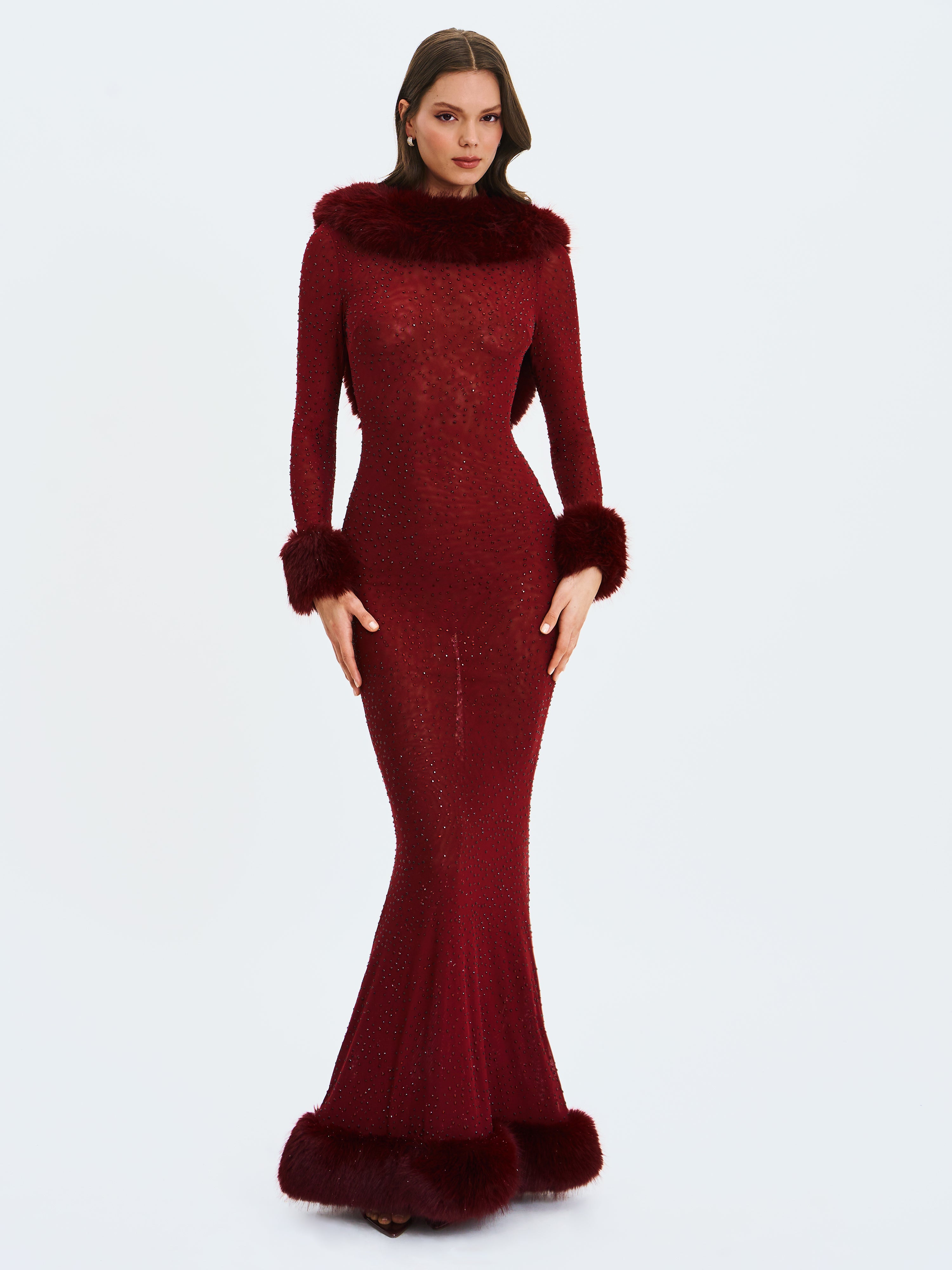 Melrose Burgundy Rhinestone Mesh Low Back Mermaid Dress