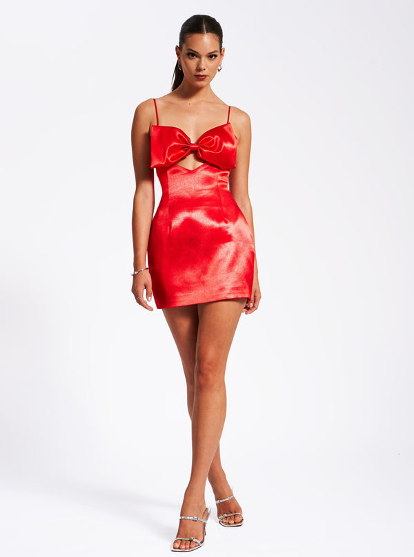 Xyla Red Satin Bow Mini Dress