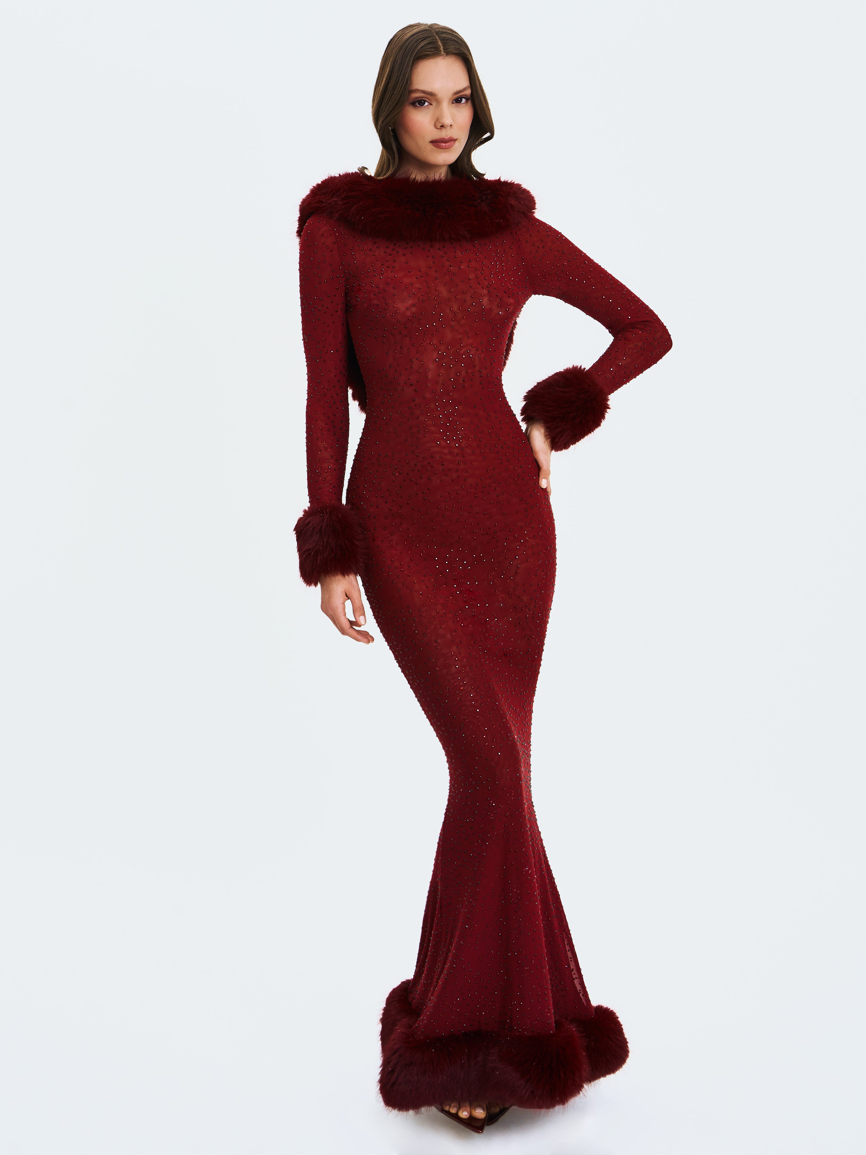 Melrose Burgundy Rhinestone Mesh Low Back Mermaid Dress