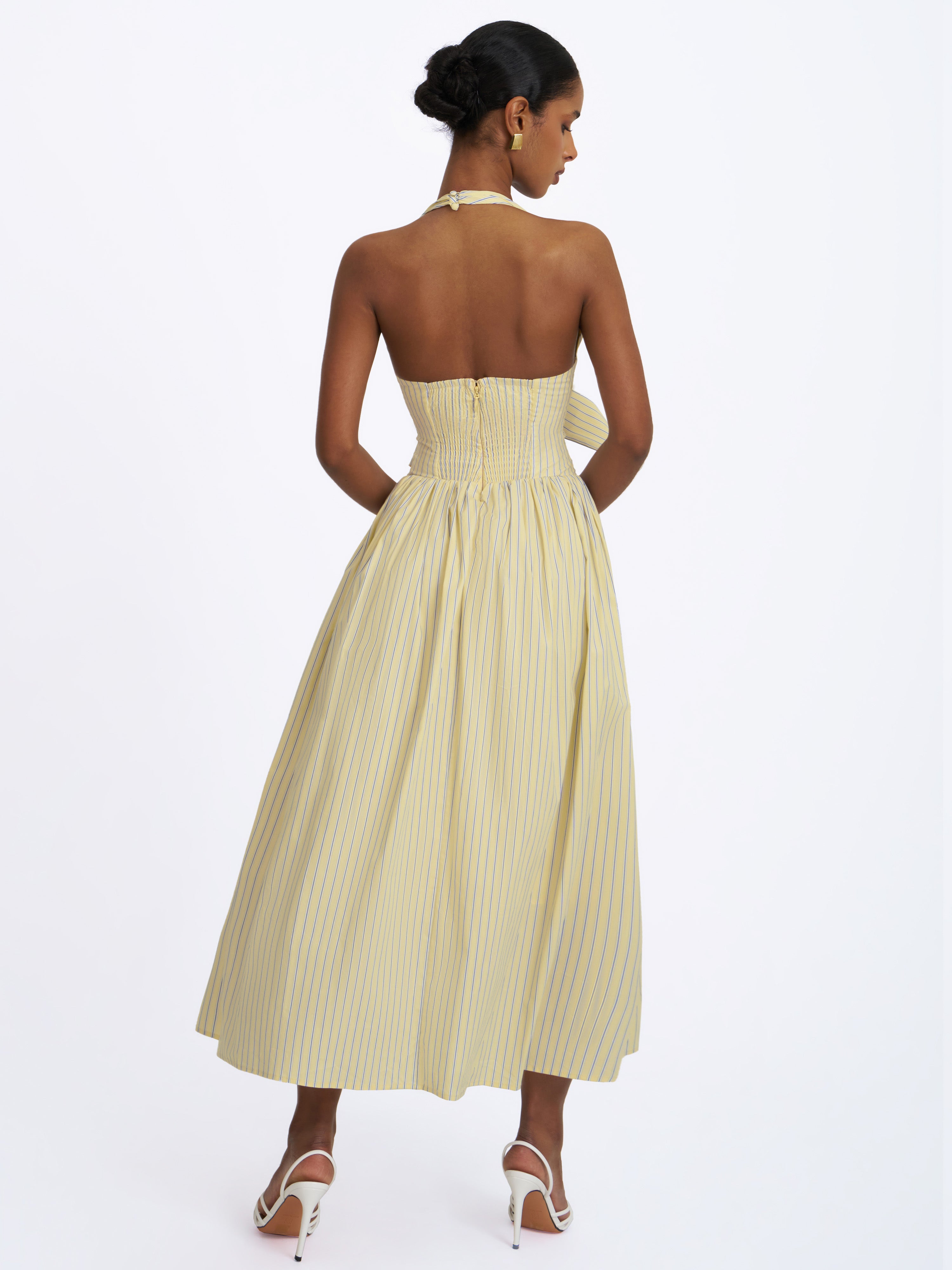Talise Lemon Yellow Cotton Poplin Stripe Plunging Halter Maxi Dress