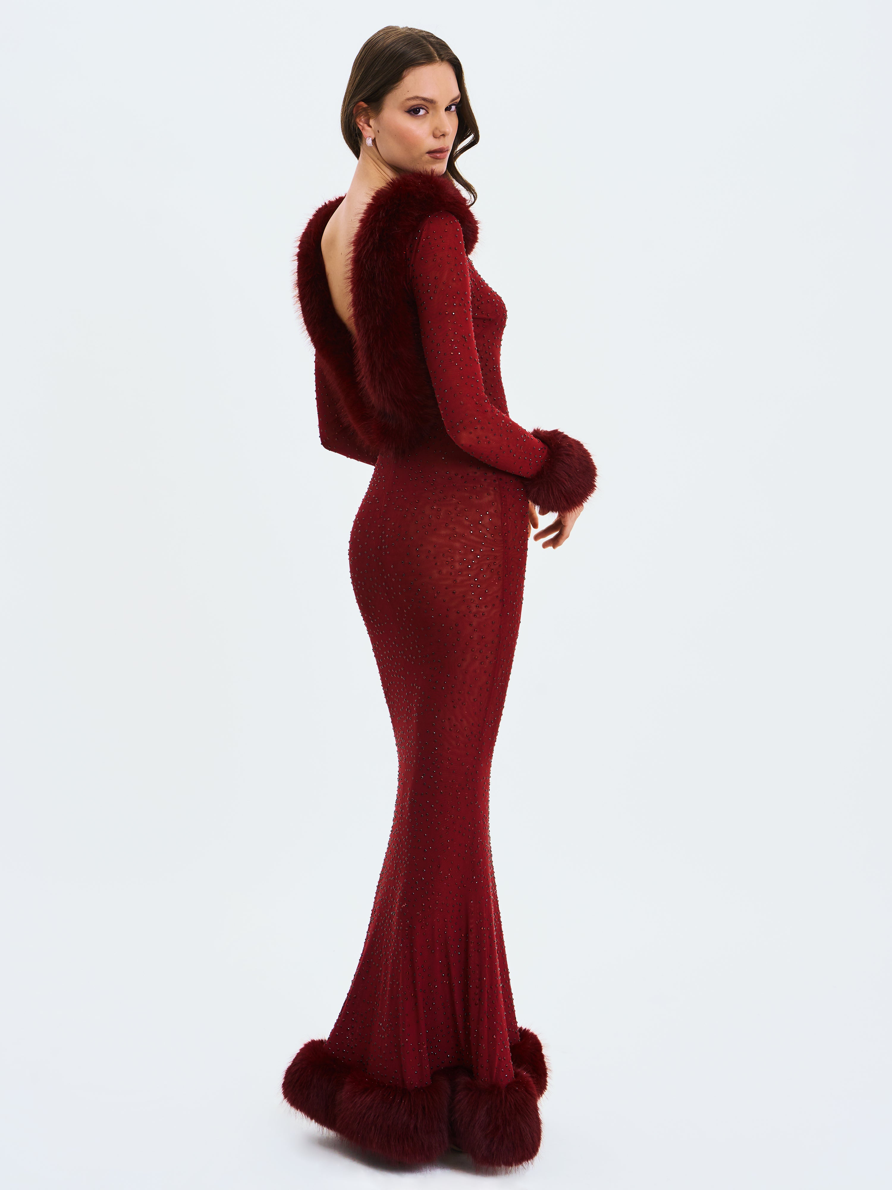 Melrose Burgundy Rhinestone Mesh Low Back Mermaid Dress