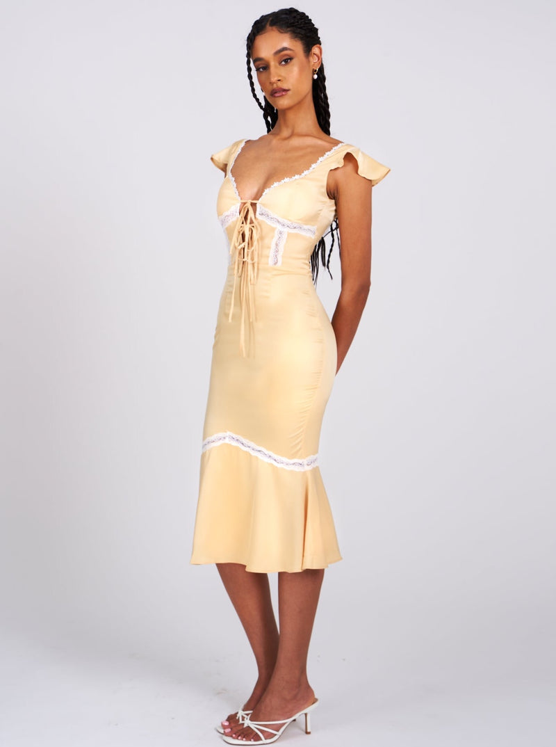 Zora Yellow Satin Lace Up Flare Midi Dress with Lace Detailed