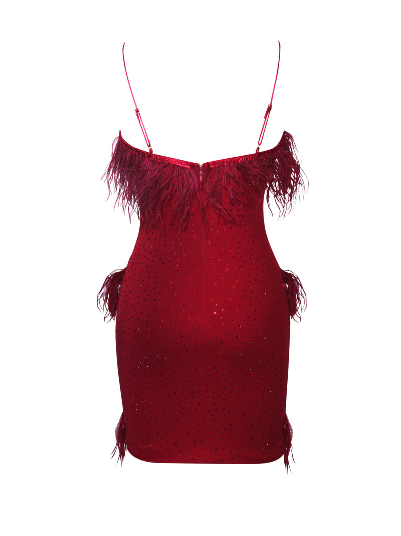 One In A Million Crystal and Fur Red Stretch Crepe Dress - Miss Circle