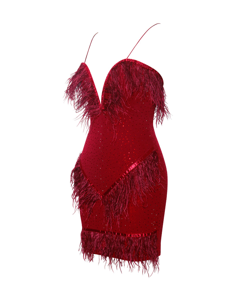 One In A Million Crystal and Fur Red Stretch Crepe Dress - Miss Circle