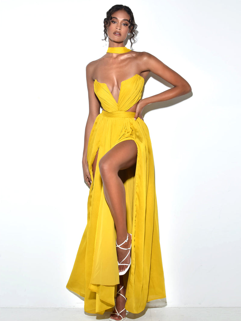 Xella Yellow Chiffon Pleated Chiffon Maxi Dress