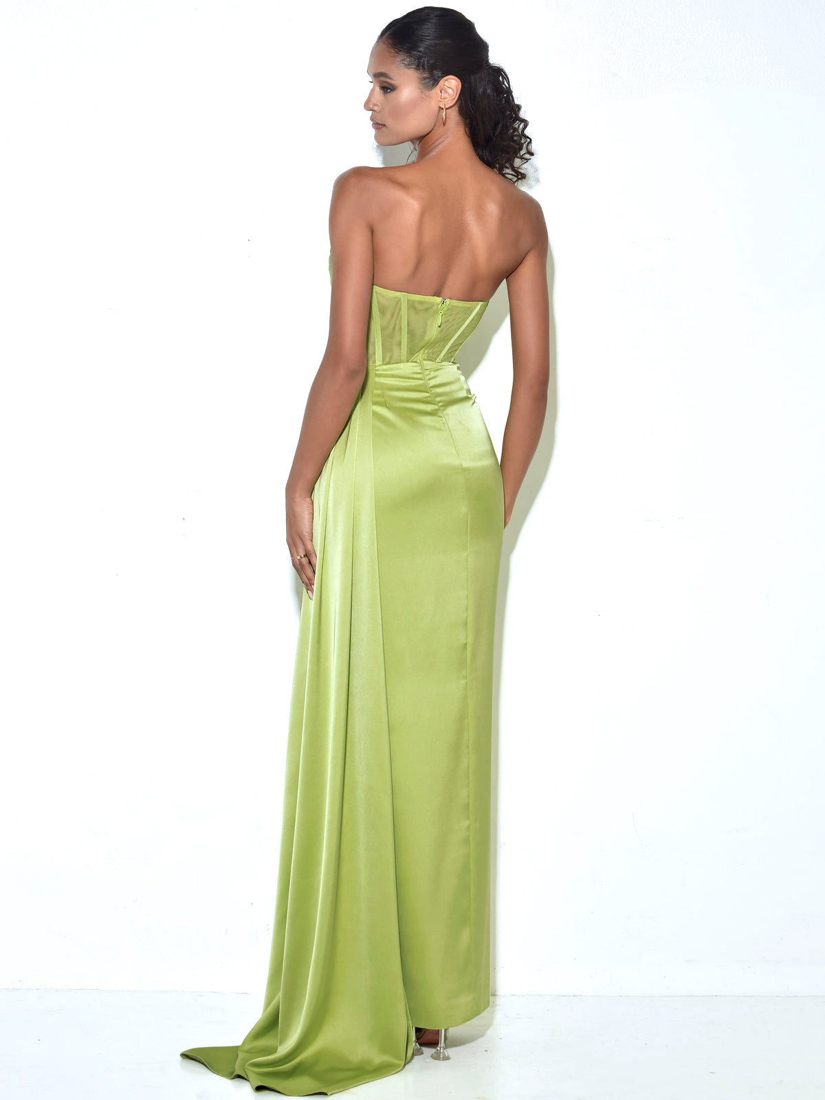 Prisa Lime High Slit Satin Corset Gown