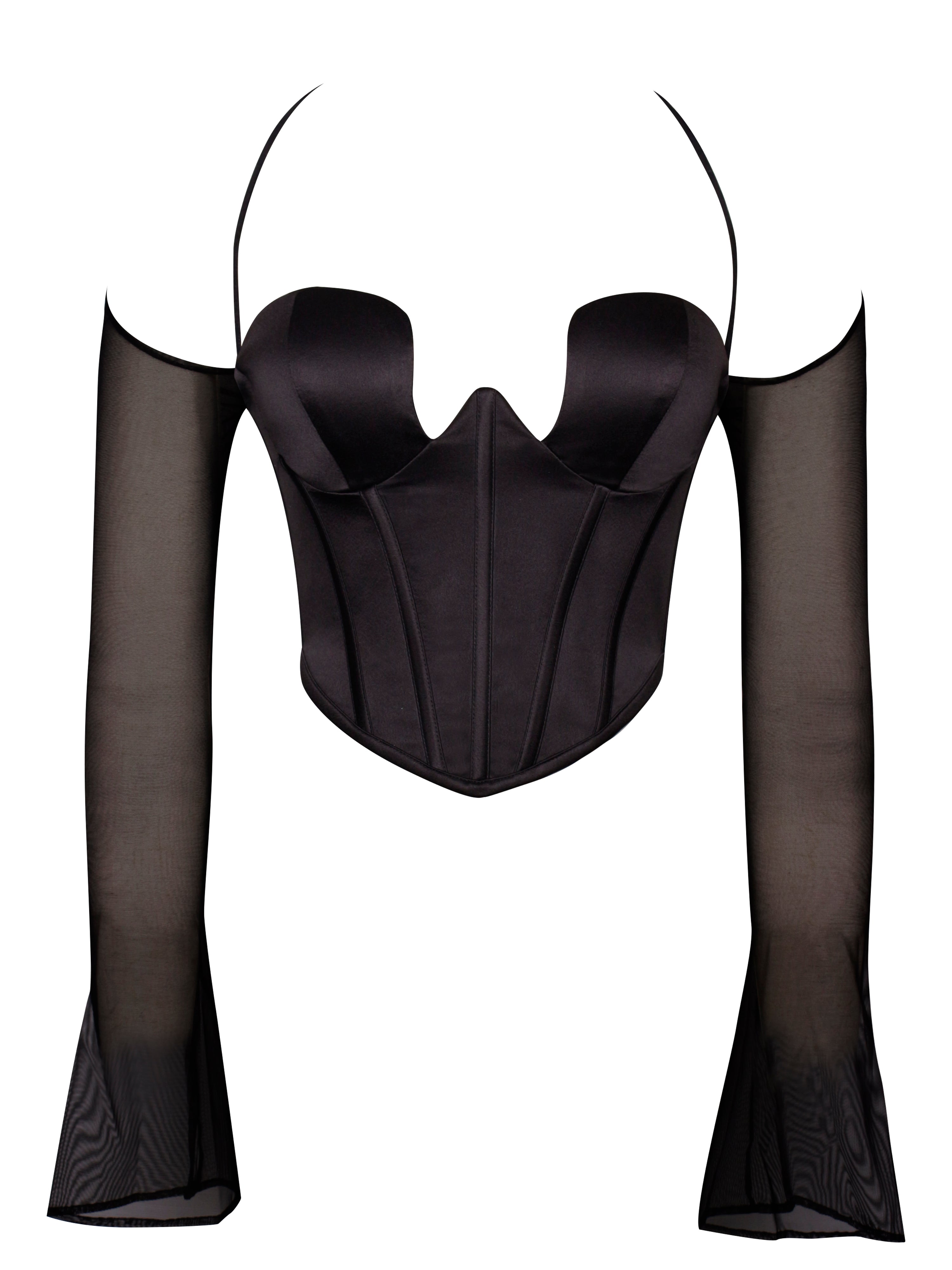 Pixie Black Mesh Sleeve Halter Corset Satin Top