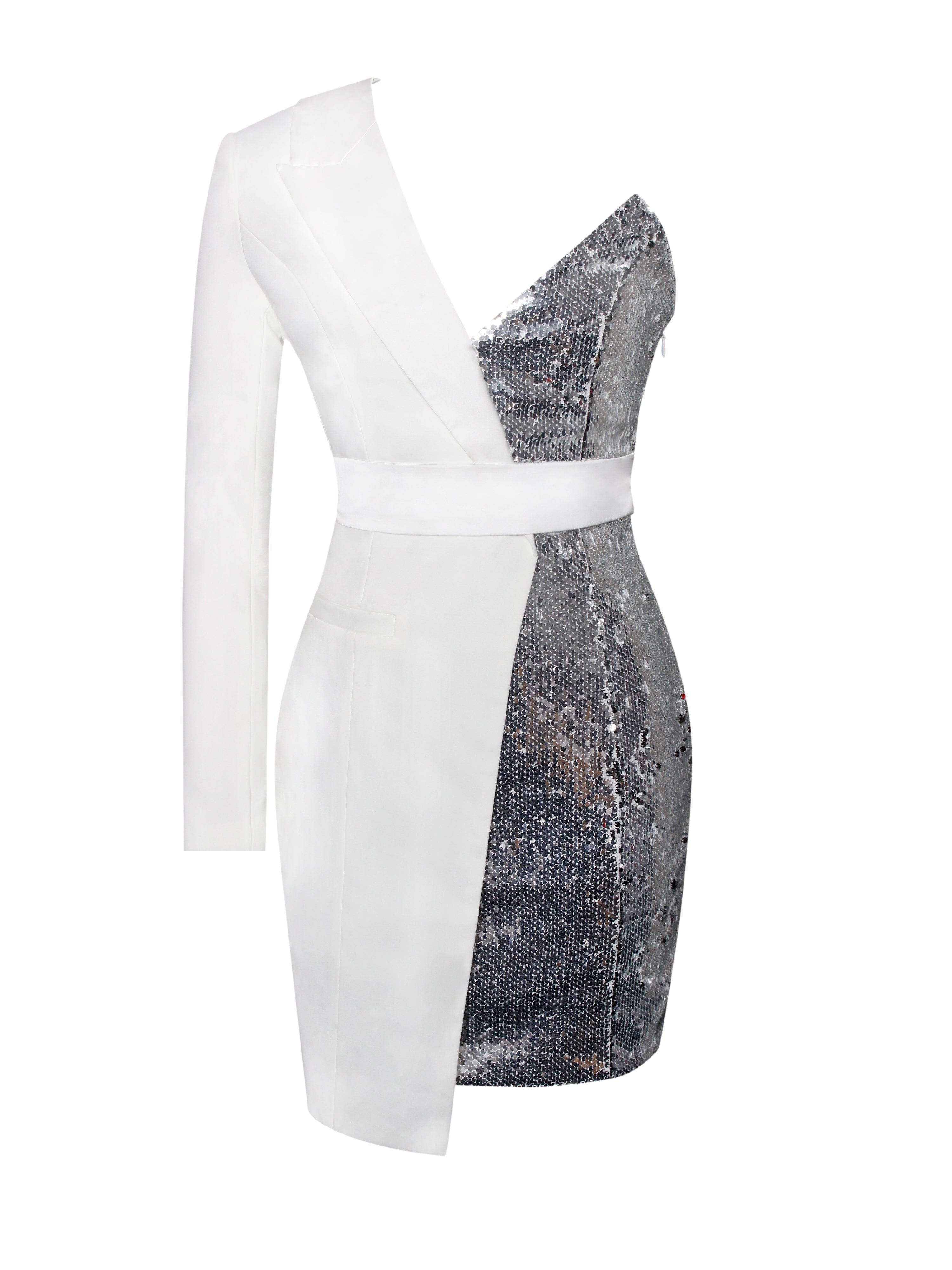 Silver Night White One Sleeved Sequin Crepe Tuxedo Blazer Dress - Miss Circle