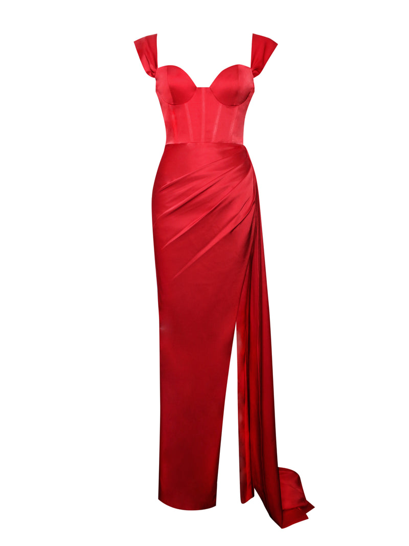 Zayda Red High Slit Corset Satin Gown